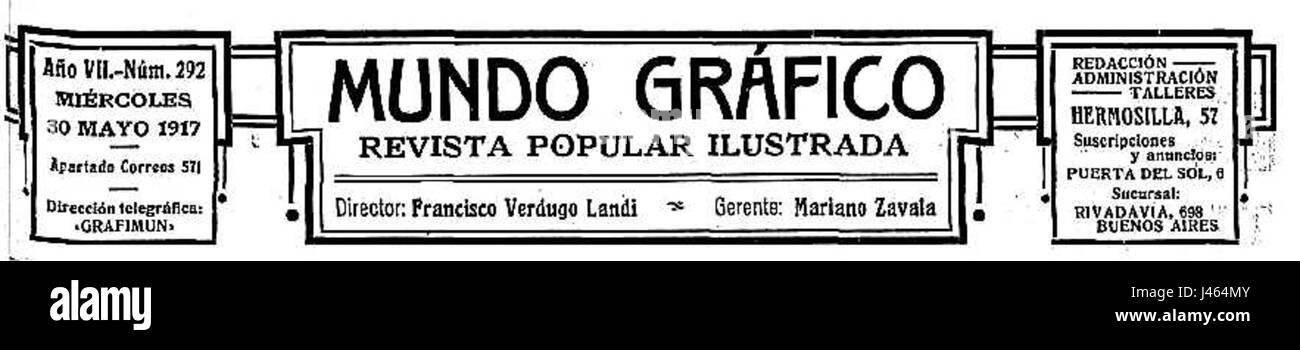 Mundo GrÃ¡fico war eine populäre Illustrationszeitschrift aus Spanien, die 1917 veröffentlicht wurde. Es enthielt grafische und journalistische Inhalte, die einen Einblick in das kulturelle, soziale und politische Klima Spaniens zu dieser Zeit gaben. Stockfoto