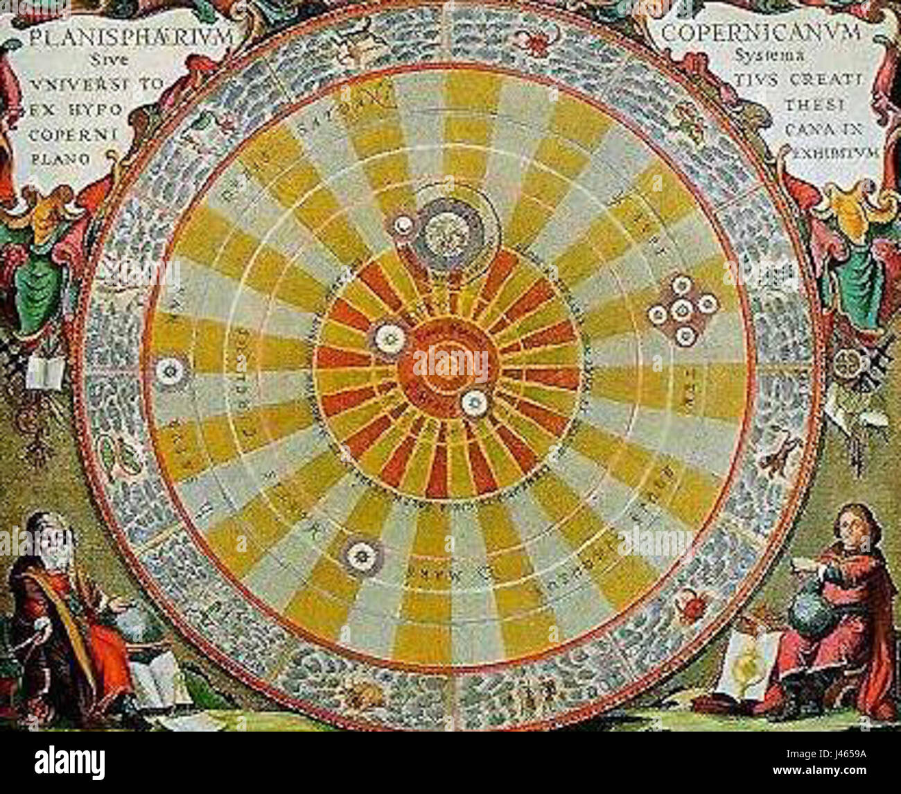 Nicolaus Kopernikus schlug das heliozentrische Modell des Sonnensystems vor, bei dem die Sonne im Zentrum statt auf der Erde platziert wird. Seine revolutionäre Theorie veränderte das Verständnis unseres Sonnensystems und legte den Grundstein für die moderne Astronomie. Stockfoto