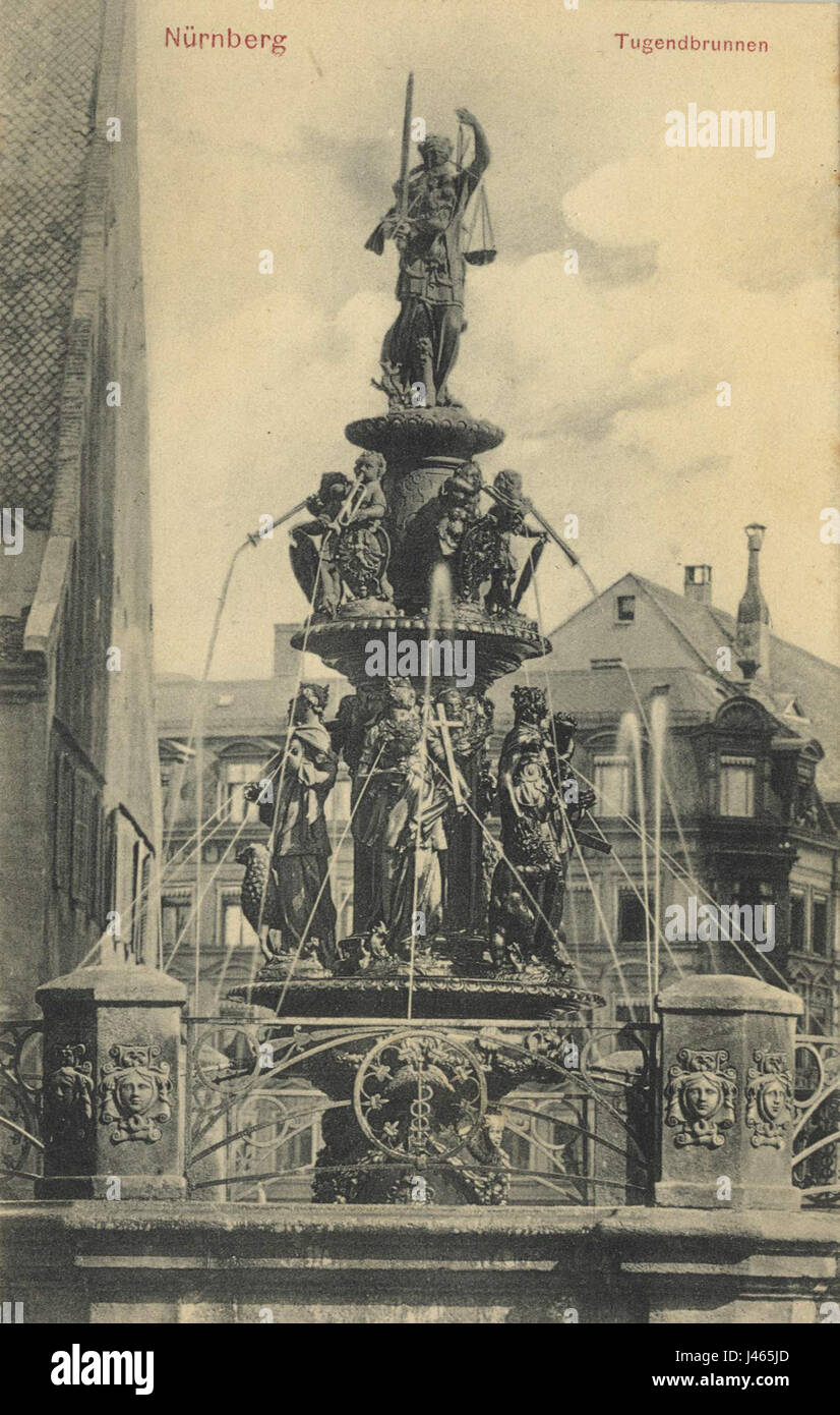 Dies ist eine Vintage-Postkarte von Nürnberg, die die Architektur der Stadt und die historischen Wahrzeichen des späten 19. Oder frühen 20. Jahrhunderts zeigt. Stockfoto