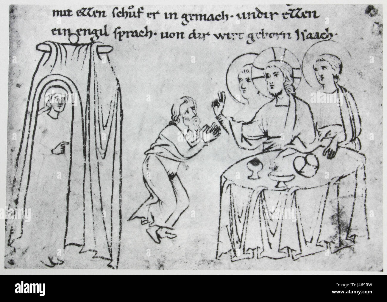 Millstaetter Genesis Detail fol 27r bezieht sich auf ein Manuskript oder Buch, das eine Szene aus der Genesis-Geschichte darstellt, insbesondere die Begegnung von Abraham und den drei Männern, wie in der Bibel beschrieben. Dieses spezifische Detail aus Folio 27r veranschaulicht die biblische Erzählung. Stockfoto