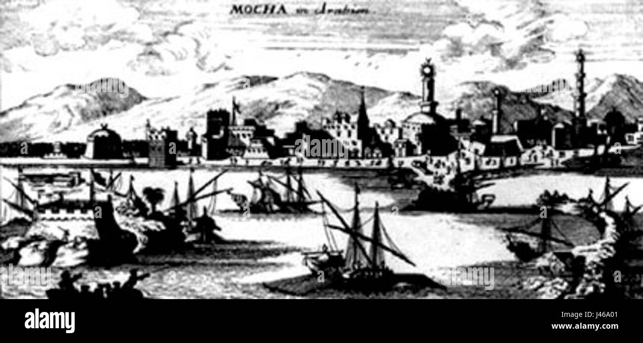 Mocha, eine historische Hafenstadt im Jemen, ist berühmt für seinen Kaffeehandel. Im Jahr 1692 war Mocha ein wichtiges Zentrum der globalen Kaffeeindustrie mit seinen unverwechselbaren Kaffeebohnen, die weltweit für ihre Qualität und ihren Geschmack bekannt sind. Stockfoto