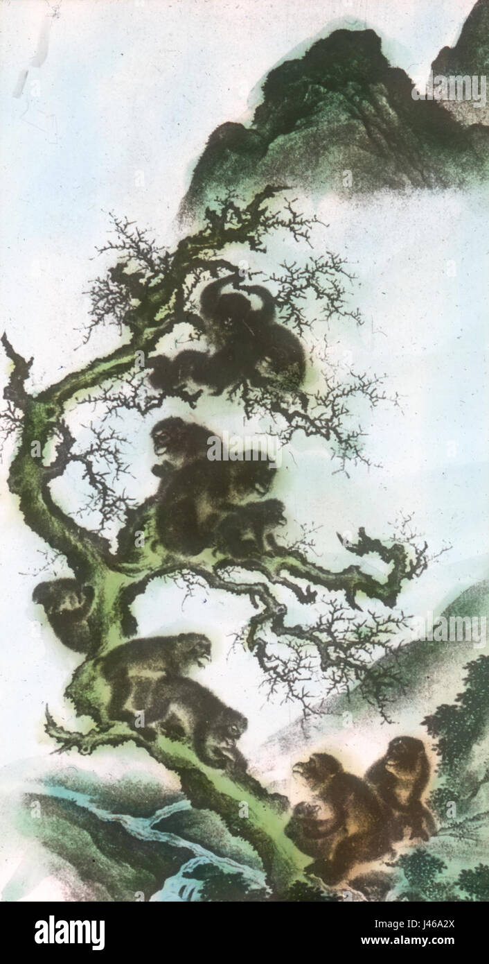 „Monkeys on a Limb“ ist ein Gemälde des japanischen Künstlers Sosen aus dem 17. Jahrhundert, das Affen in einer natürlichen, verspielten Pose zeigt. Das Stück spiegelt traditionelle japanische Kunststile wider, wobei der Schwerpunkt auf Tierverhalten und ausdrucksstarken Details liegt. Stockfoto