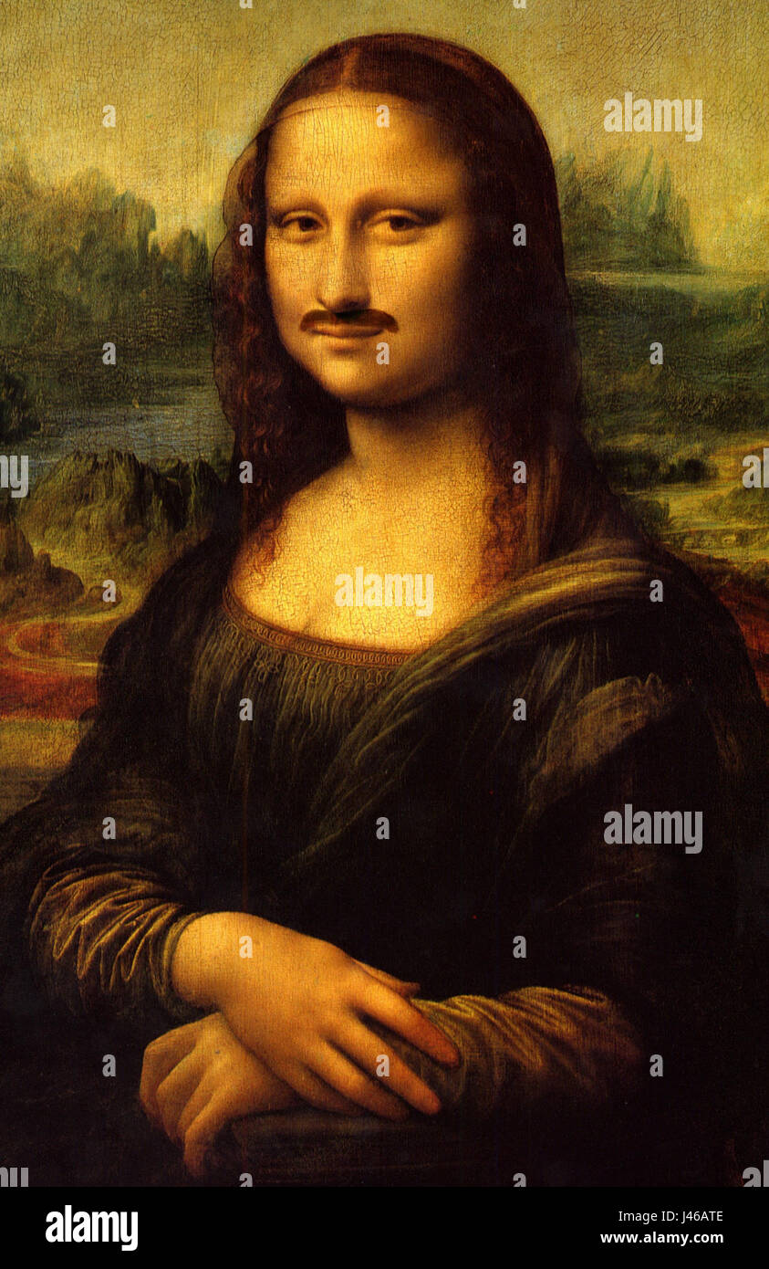 Der „Mona Lisa Schnurrbart“ bezieht sich auf eine berühmte Modifikation von Leonardo da Vinciâ Porträt der Mona Lisa, wo ein Schnurrbart humorvoll hinzugefügt wird und traditionelle Interpretationen des Kunstwerks herausfordert. Stockfoto