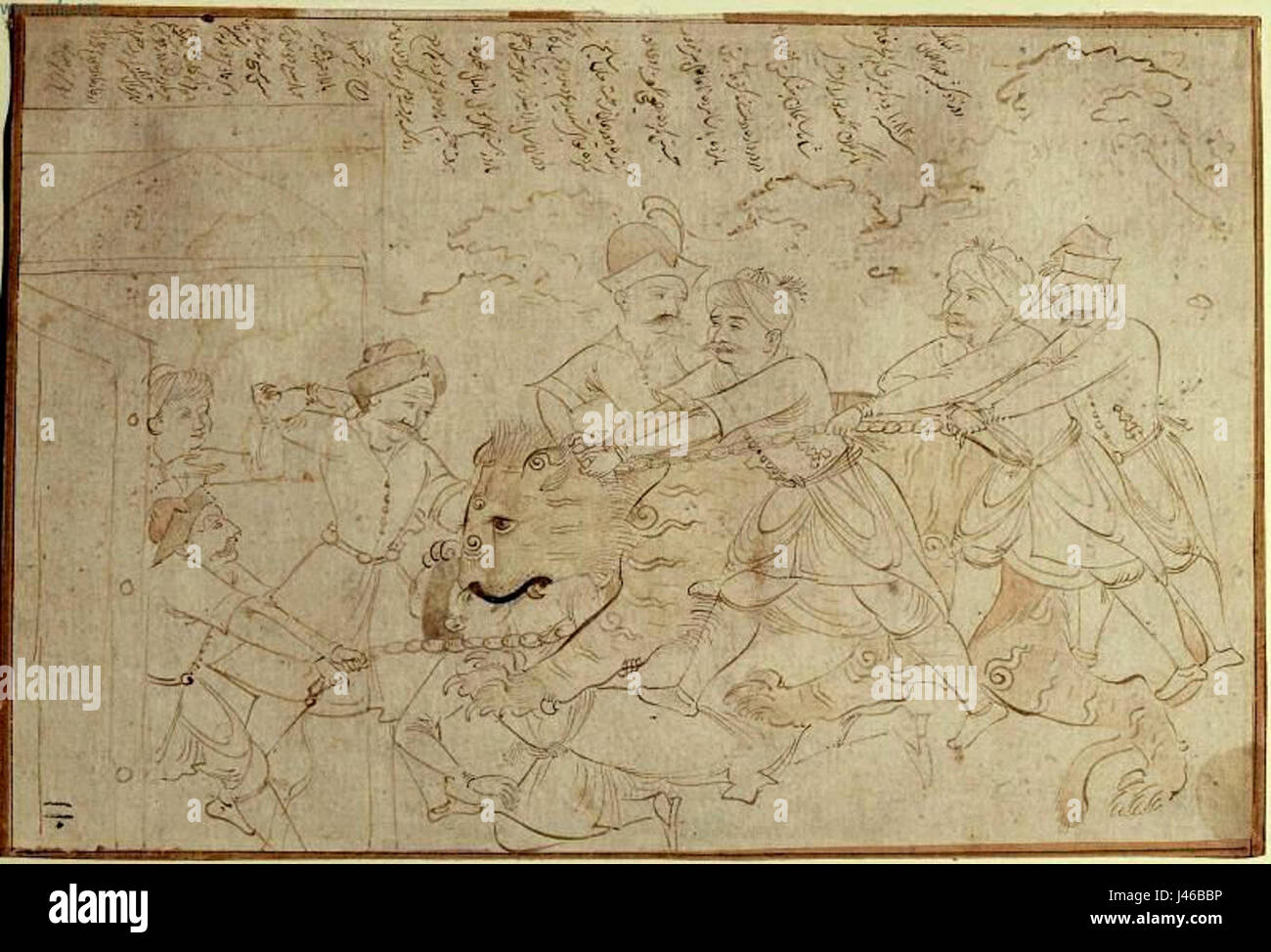 Muin Mussavir war ein Künstler, der für die Darstellung von Tieren bekannt war, mit Schwerpunkt auf dem Tiger. Seine Werke zeichnen sich durch ihre lebendigen Darstellungen von Wildtieren aus, insbesondere in indischen und persischen Kunsttraditionen. Stockfoto