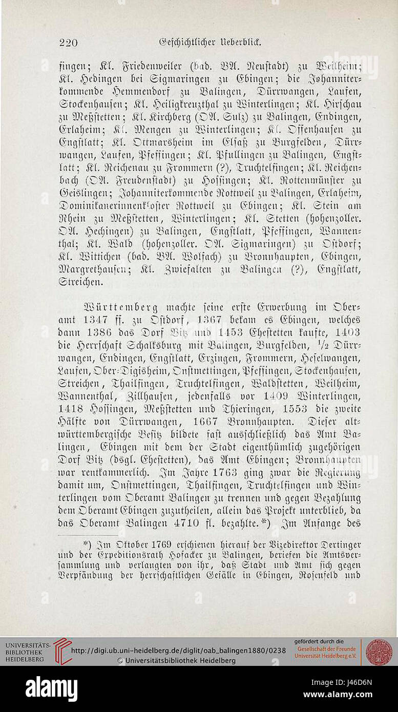 Ein Verweis auf Balingen, Deutschland, der wahrscheinlich lokale Entwicklungen oder historische Aspekte der Stadt beschreibt. Stockfoto