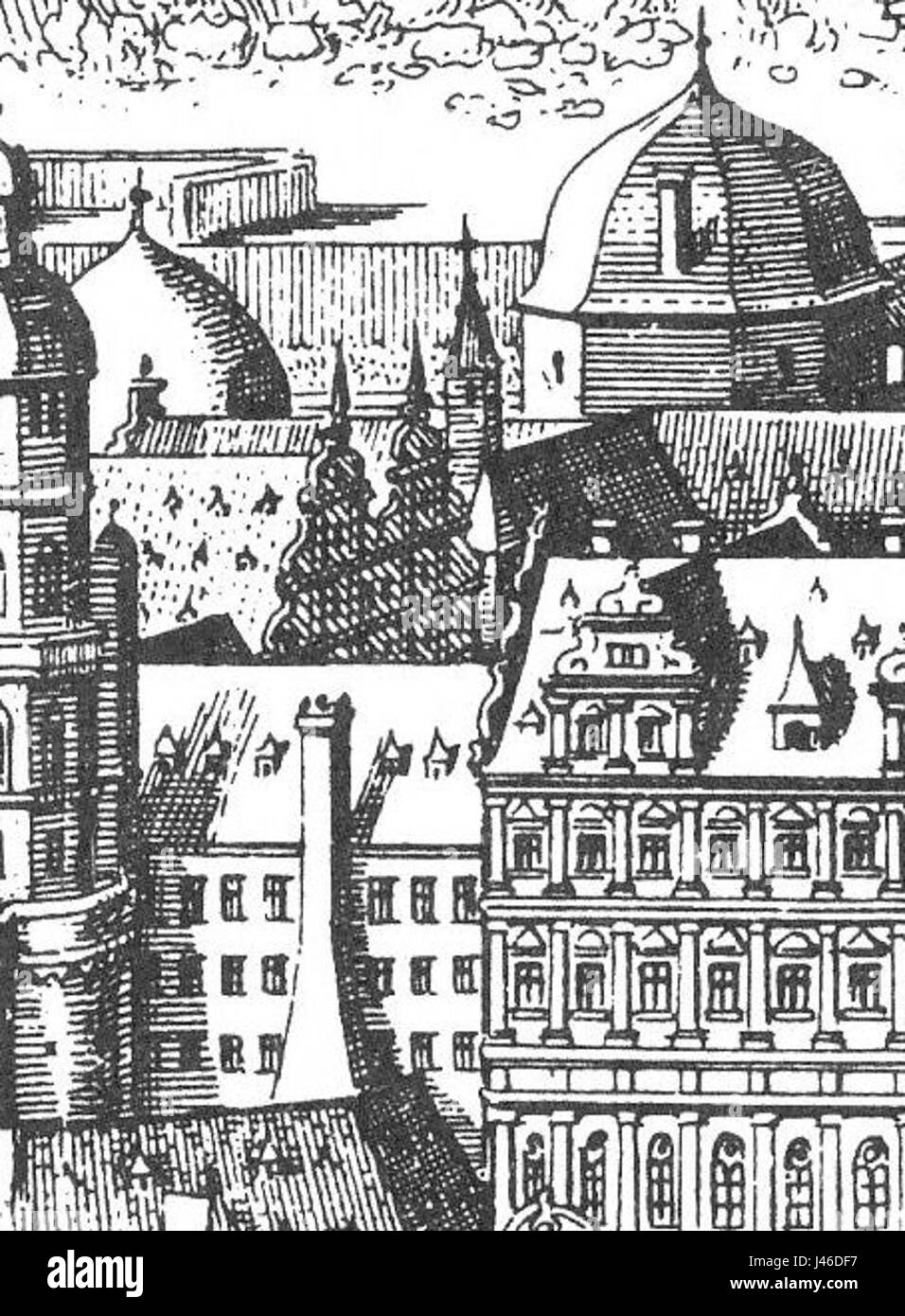Der Ottheinrichsbau wurde 1620 in Heidelberg errichtet und ist ein Renaissancebau, benannt nach dem Kurfürsten Ottheinrich. Das Gebäude ist Teil des Heidelberger Schlosses und wurde von dem Künstler MatthÃ¤US Merian dokumentiert. Stockfoto