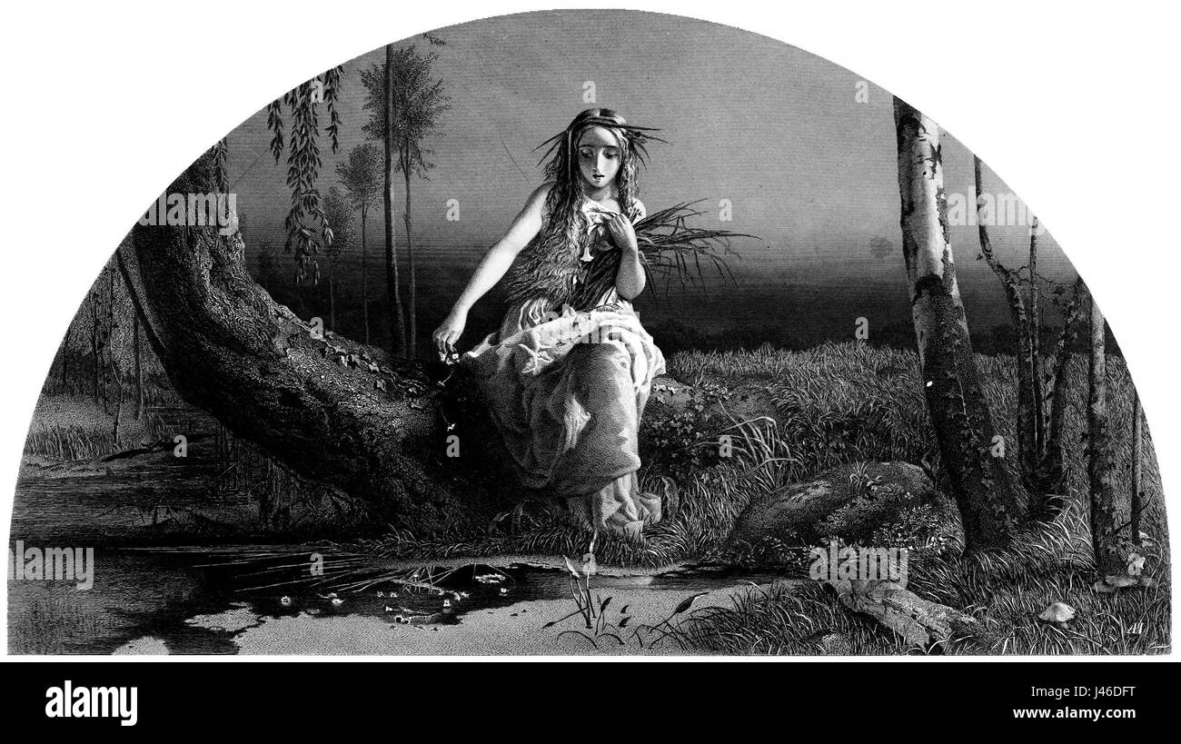 Ophelia, ein Gemälde von John Everett Millais, das 1873 fertiggestellt wurde, ist ein Schlüsselwerk der präraffaelistischen Bewegung. Es zeigt die tragische Figur aus Shakespeares „Hamlet“, die ihren Tod durch Ertrinken in einem Fluss veranschaulicht. Das Werk ist bekannt für seine Detailtreue, emotionale Tiefe und lebendige Farbe. Stockfoto