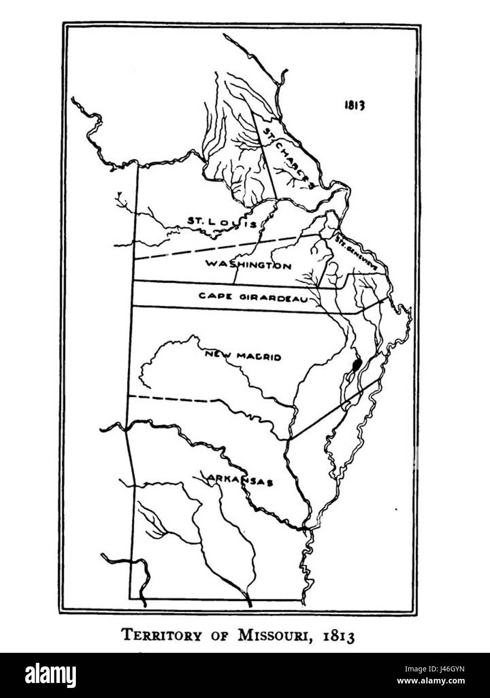 Das Missouri-Territorium von 1813 bezieht sich auf die historische Region, die Anfang des 19. Jahrhunderts Teil der Vereinigten Staaten war. Dieses Gebiet spielte eine entscheidende Rolle bei der Expansion nach Westen und der Entwicklung der Vereinigten Staaten, insbesondere im Hinblick auf den Louisiana Purchase und die Grenzsiedlung. Stockfoto
