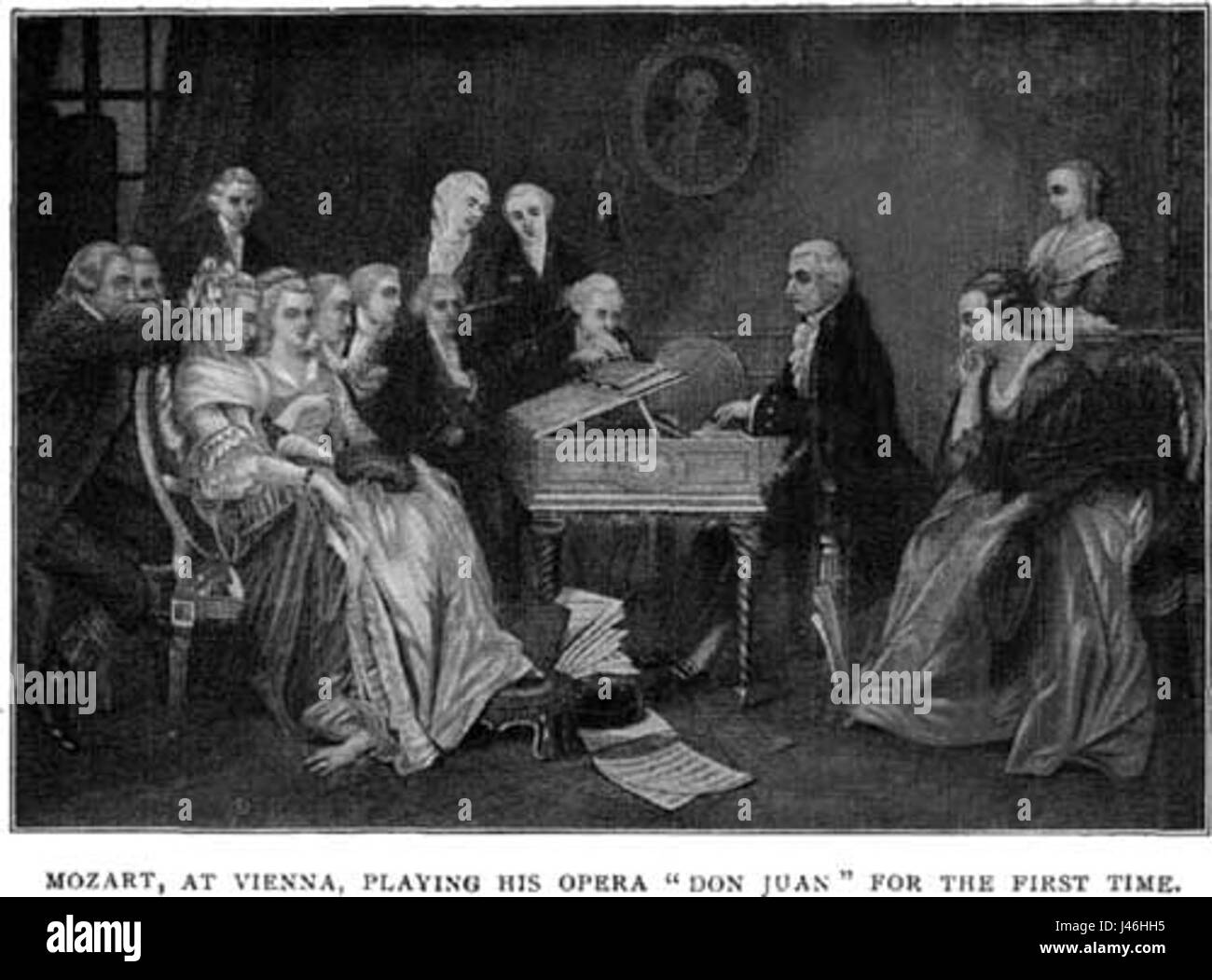 Dieses Bild zeigt Wolfgang Amadeus Mozart, der seine Oper Don Giovanni (Don Juan) zum ersten Mal in Wien aufführt. Die Oper, die 1787 uraufgeführt wurde, gilt als eines seiner größten Werke. Stockfoto