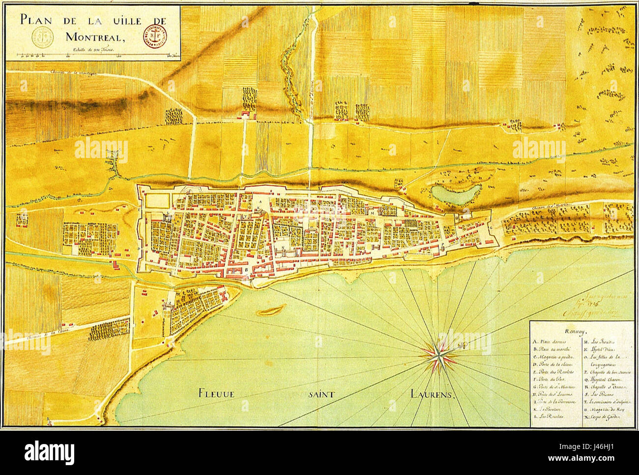 Eine historische Momentaufnahme von Montreal im Jahr 1725, die die frühe Kolonialsiedlung Kanadas und ihre Entwicklung zu einer großen nordamerikanischen Stadt zeigt. Stockfoto