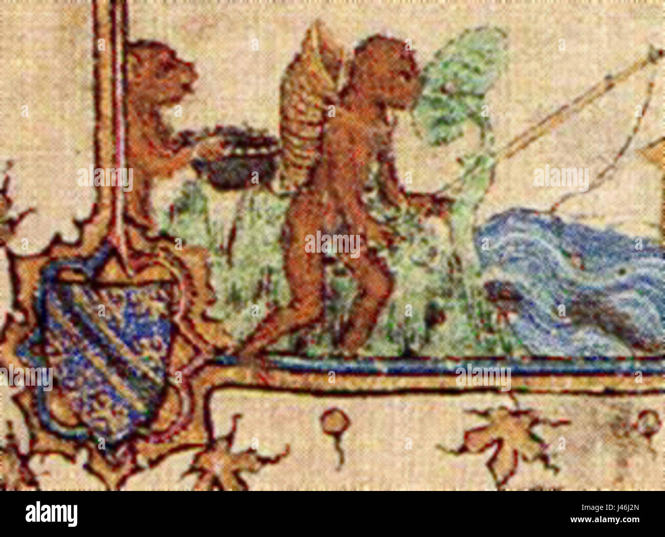 „Affenfischen“ ist ein Kunstwerk oder ein historisches Bild aus dem Jahr 1950, das Affen in einer natürlichen oder stilisierten Umgebung darstellt, die eine Angeltätigkeit ausüben. Es könnte eine Mischung aus Natur und menschlicher Aktivität widerspiegeln. Stockfoto