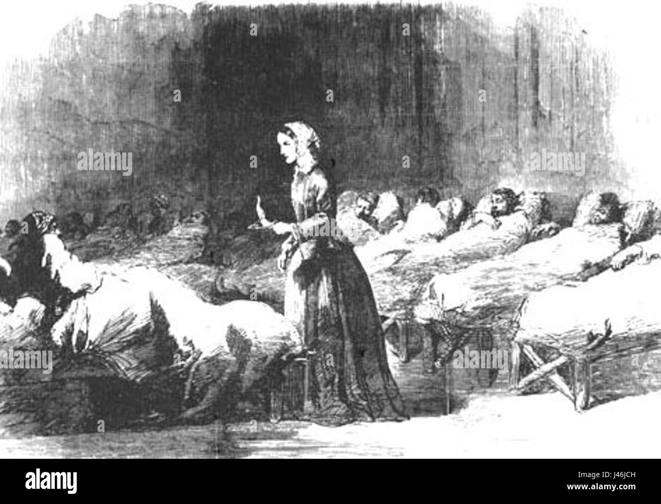 Dieses Bild aus den „Illustrated London News“ vom 24. Februar 1855 zeigt Florence Nightingale, eine Schlüsselfigur in der Pflege und im Gesundheitswesen. Das Bild dokumentiert ihre Rolle während des Krimkrieges, wo sie Anerkennung für ihre Beiträge zur Verbesserung der Krankenhausbedingungen und zur Versorgung der Verwundeten erhielt. Stockfoto