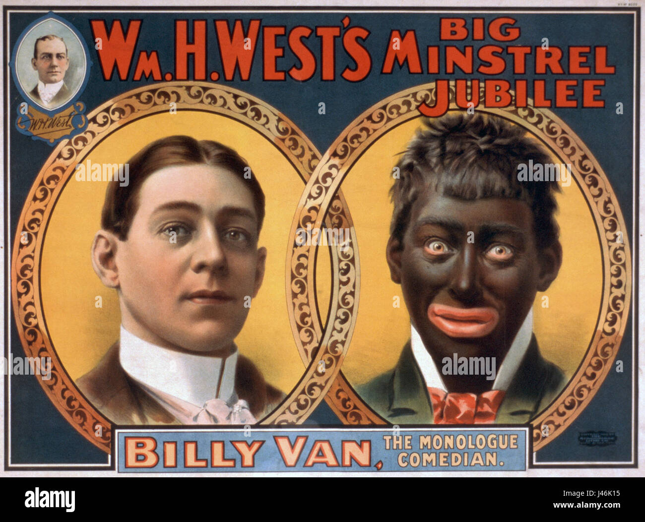 Das Minstrel Poster mit Billy Van Ware ist ein Werbeartikel aus der Unterhaltungsbranche, der den Künstler in einer Periode seiner Karriere zeigt. Dieses Poster spiegelt die Populärkultur und den Theaterstil seiner Zeit wider. Stockfoto