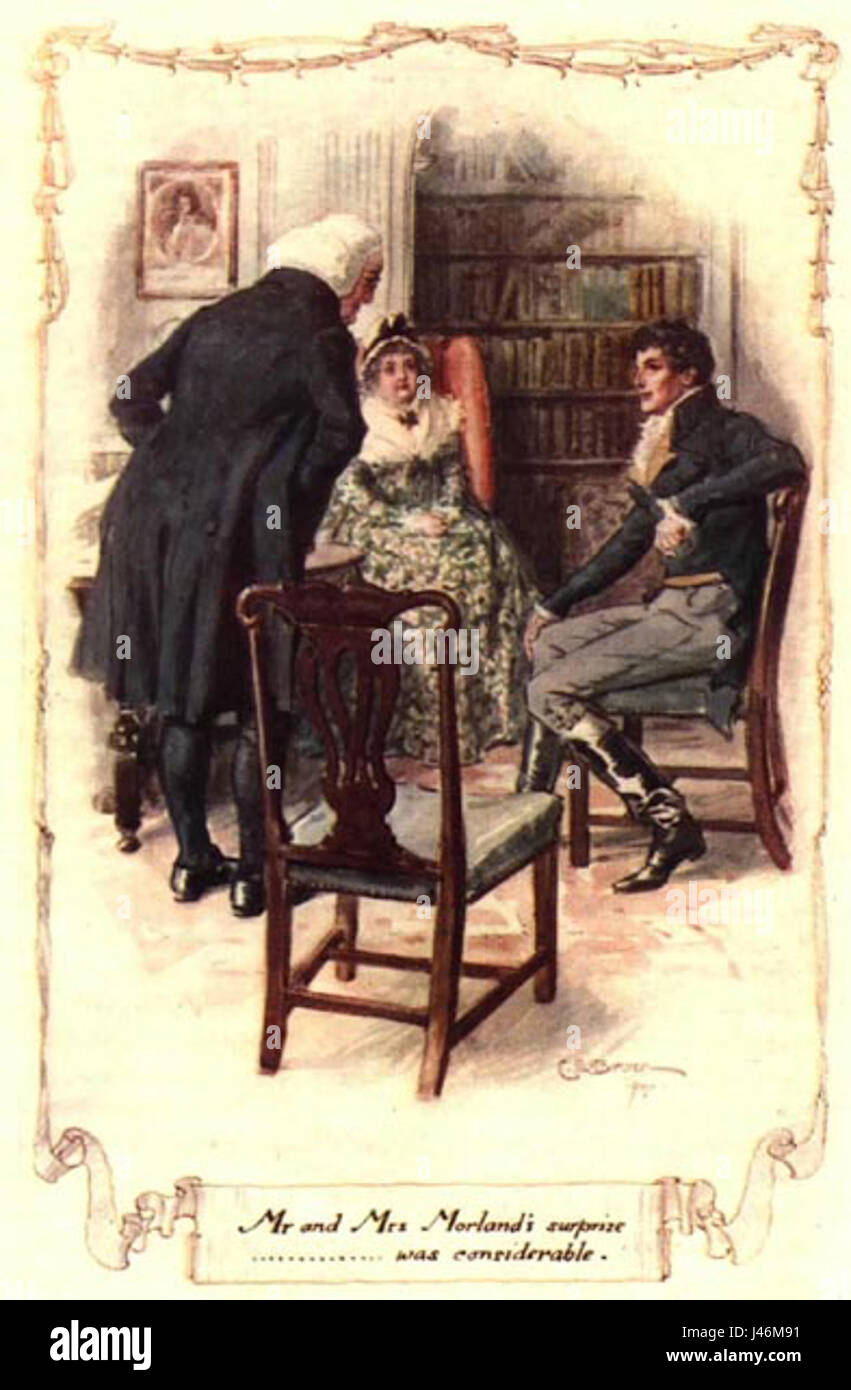 Diese Illustration aus „Northanger Abbey“, Band II, Kapitel XVI, von C.E. Brock, zeigt eine Szene aus Jane Austens klassischem Roman. Das Kunstwerk ergänzt die Themen der Erzählung, Romantik und soziale Satire, und visualisiert wichtige Momente aus dem Kapitel. Stockfoto