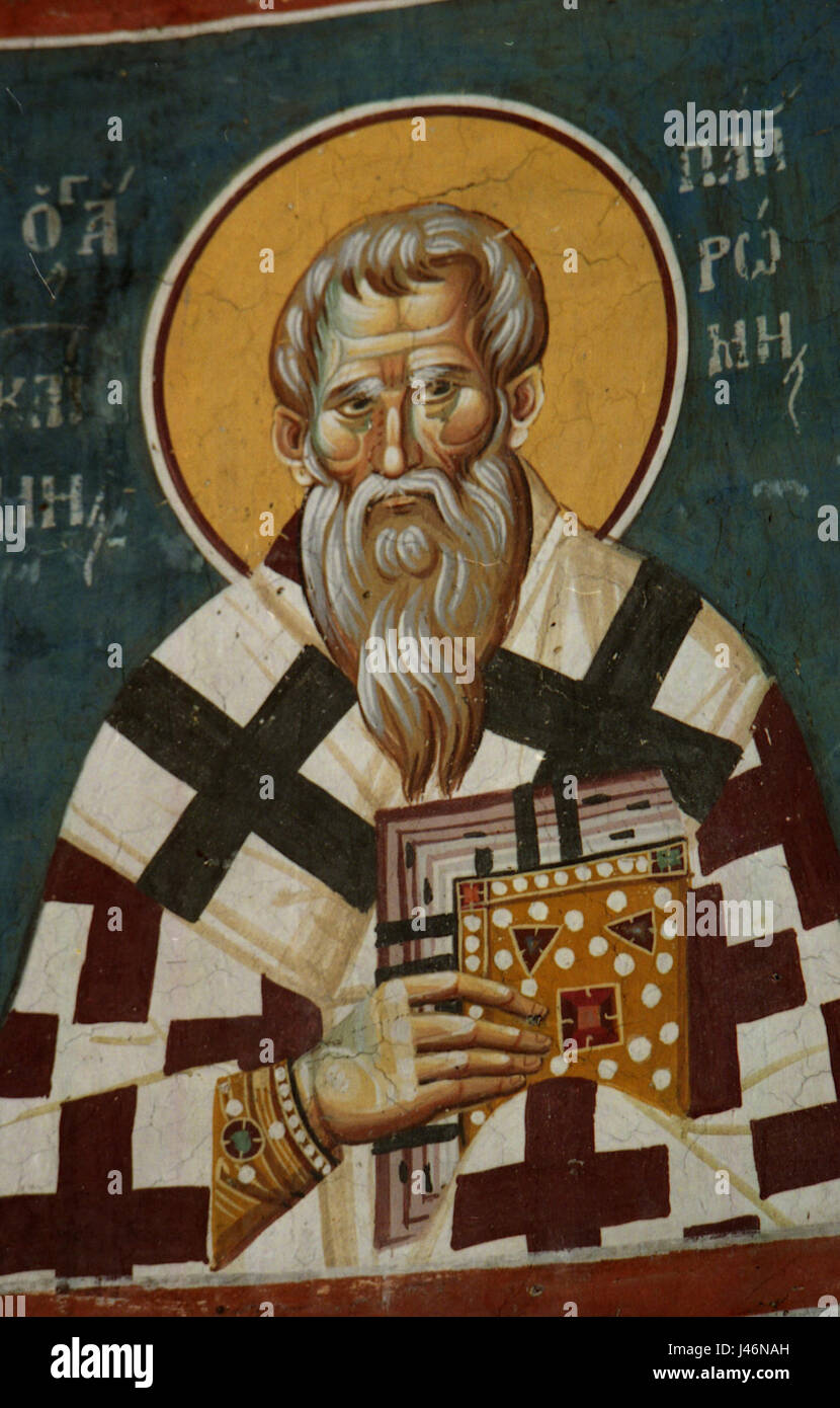 Die Kirche des Theotokos Peribleptos in Ohrid zeigt zahlreiche historische Gemälde, die religiöse Themen und byzantinische Kunst darstellen, die für das kulturelle Erbe Mazedoniens von Bedeutung sind. Stockfoto