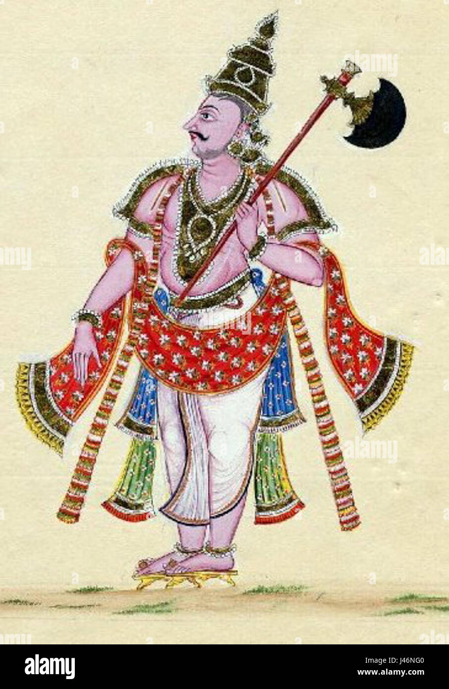 Parashurama ist eine bedeutende Figur in der hinduistischen Mythologie, bekannt als einer der zehn Avatare des Gottes Vishnu. Er wird als Krieger-Weiser dargestellt, oft mit einer Axt dargestellt und an wichtigen mythologischen Ereignissen beteiligt. Stockfoto