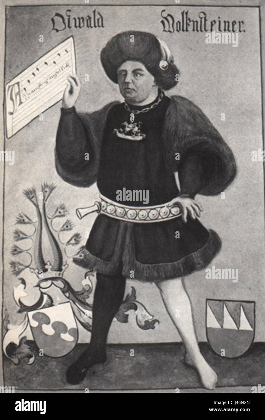 Oswald von Wolkenstein war ein deutscher Komponist und Dichter, der für seine Beiträge zur mittelalterlichen Musik bekannt war. Seine Werke sind Teil der Kulturgeschichte des Spätmittelalters, insbesondere im Genre minnesang. Stockfoto