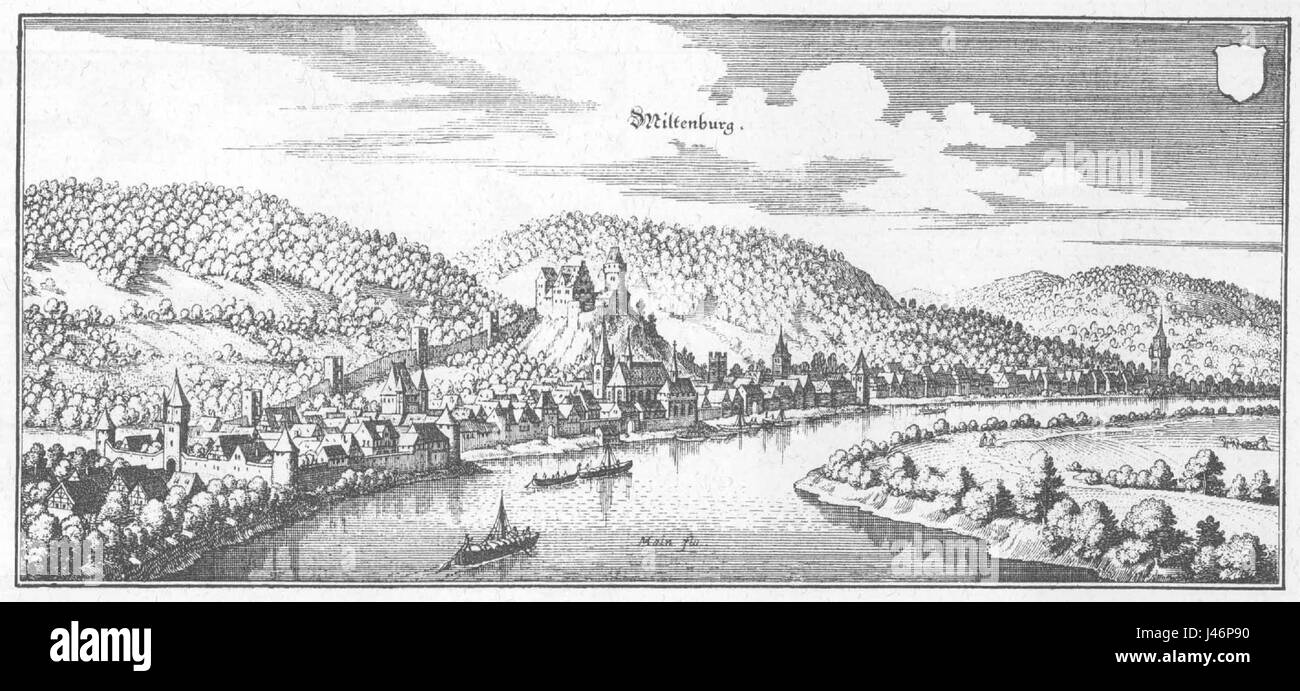 Der Stich von Miltenburg von Merian zeigt die Architektur und das Layout der townâ im frühen 17. Jahrhundert. Bekannt für seine historische Bedeutung spiegelt das Bild die mittelalterlichen und Renaissance-Einflüsse der Stadt wider. Stockfoto