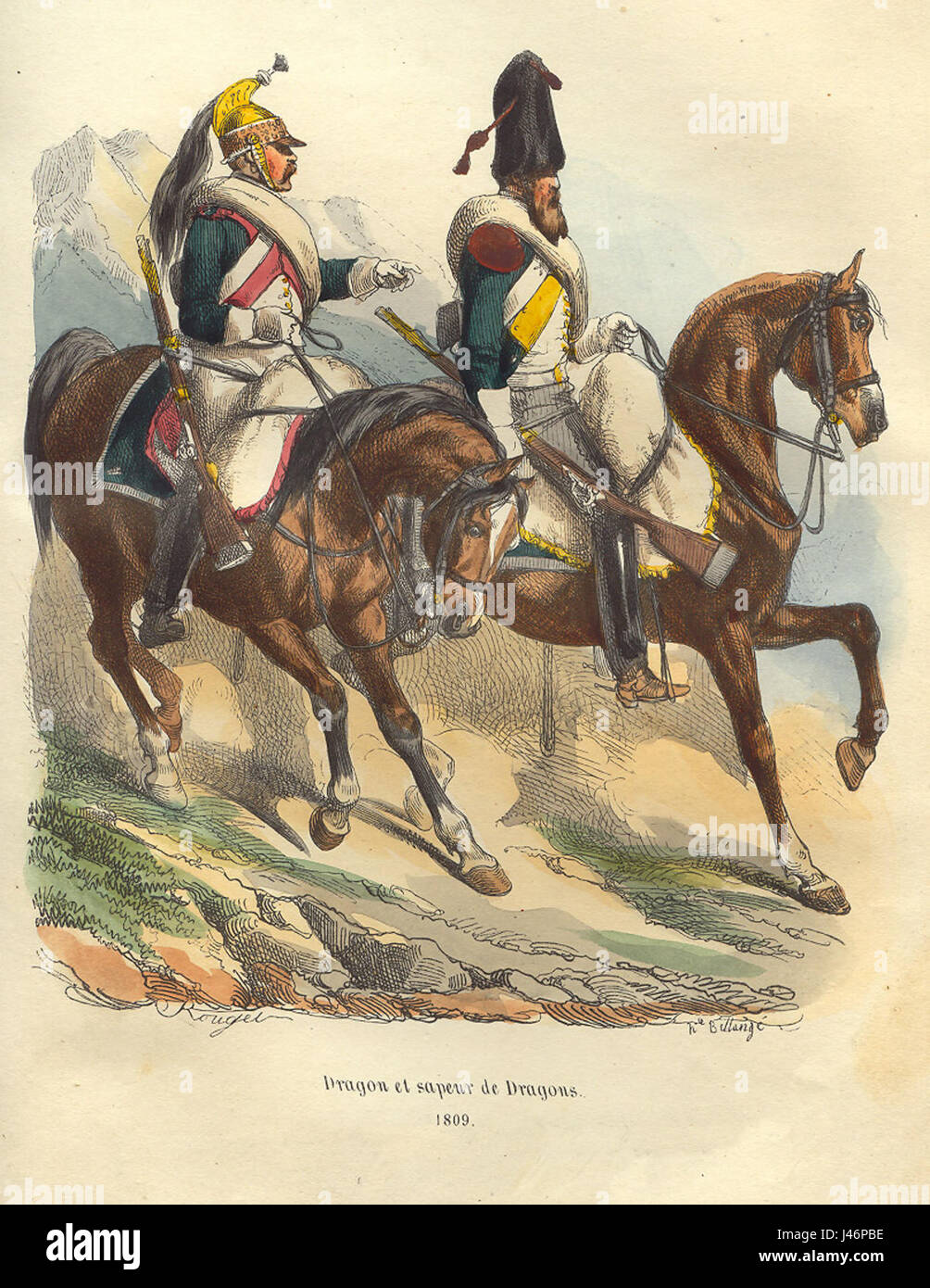 „Napoleon Dragoon and Sapper“ ist ein Kunstwerk von Bellange, das die historischen Militärfiguren während der napoleonischen Ära zeigt. Es zeigt Soldaten aus Napoleons Armee, insbesondere Dragoner und Sapper-Einheiten, und hebt ihre Rolle in militärischen Feldzügen hervor. Stockfoto