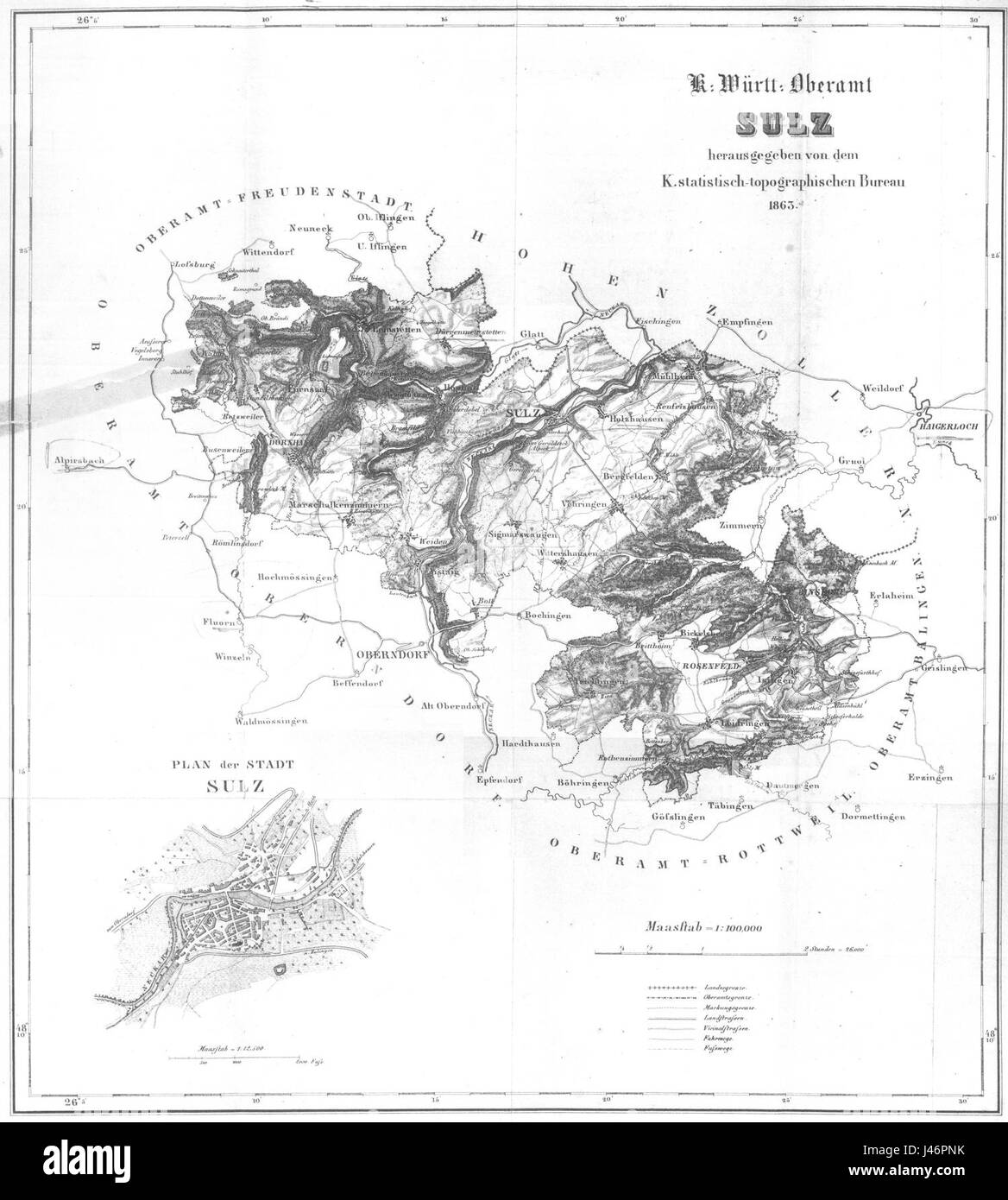 OAB Sulz Karte bezieht sich auf eine Karte der Stadt Sulz in Deutschland. Diese Karte kann geografische, historische und administrative Informationen über das Gebiet enthalten und Straßen, Sehenswürdigkeiten und regionale Merkmale anzeigen. Stockfoto