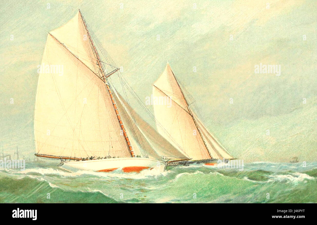 Finale zwischen Freiwilligen und Distel, 30. September 1887. Diese Szene stellt die Gefäße kurz nach dem Start in Schottland Licht-Schiff, mit Freiwilligen arbeiten, Distel Viertel Stockfoto