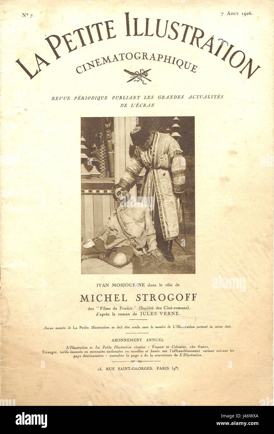 Der Film *Michel Strogoff* aus dem Jahr 1926, der auf dem Roman von Jules Verneâ basiert, wurde in *La Une de l’Illustration* gezeigt. Die Filmverfilmung brachte die abenteuerliche Geschichte des Romans auf den Bildschirm, die den filmischen Stil der Epoche widerspiegelte. Stockfoto