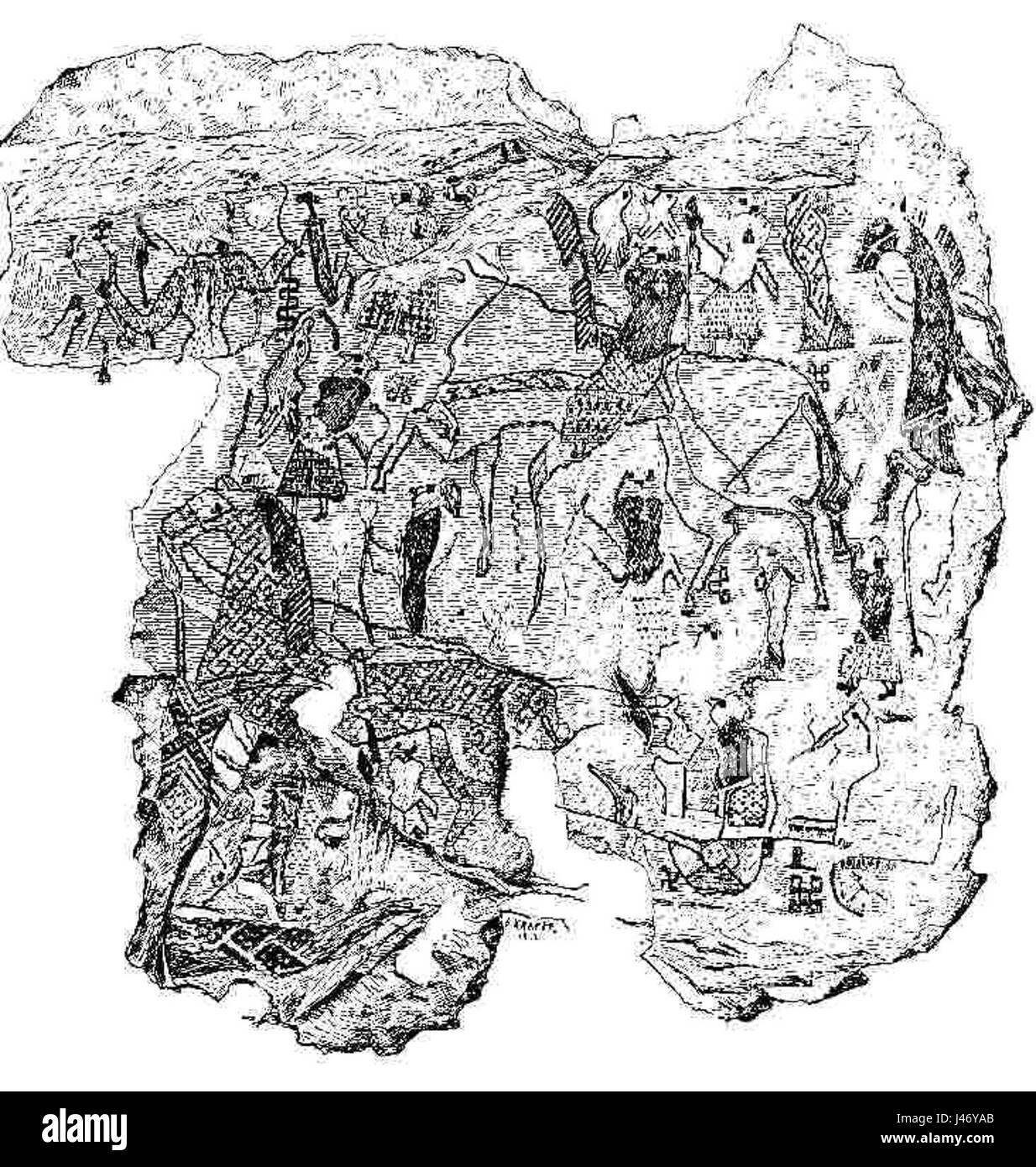 Der Oseberger Wandteppich ist ein exquisites Stück Textilkunst aus der Wikingerzeit, das bis ins 9. Jahrhundert zurückreicht. Es ist berühmt für seine detaillierten Darstellungen des Wikingerlebens, einschließlich Szenen von Schiffsfahrten und täglichen Aktivitäten, die wertvolle Einblicke in die Kultur und das Handwerk der Wikinger bieten. Stockfoto