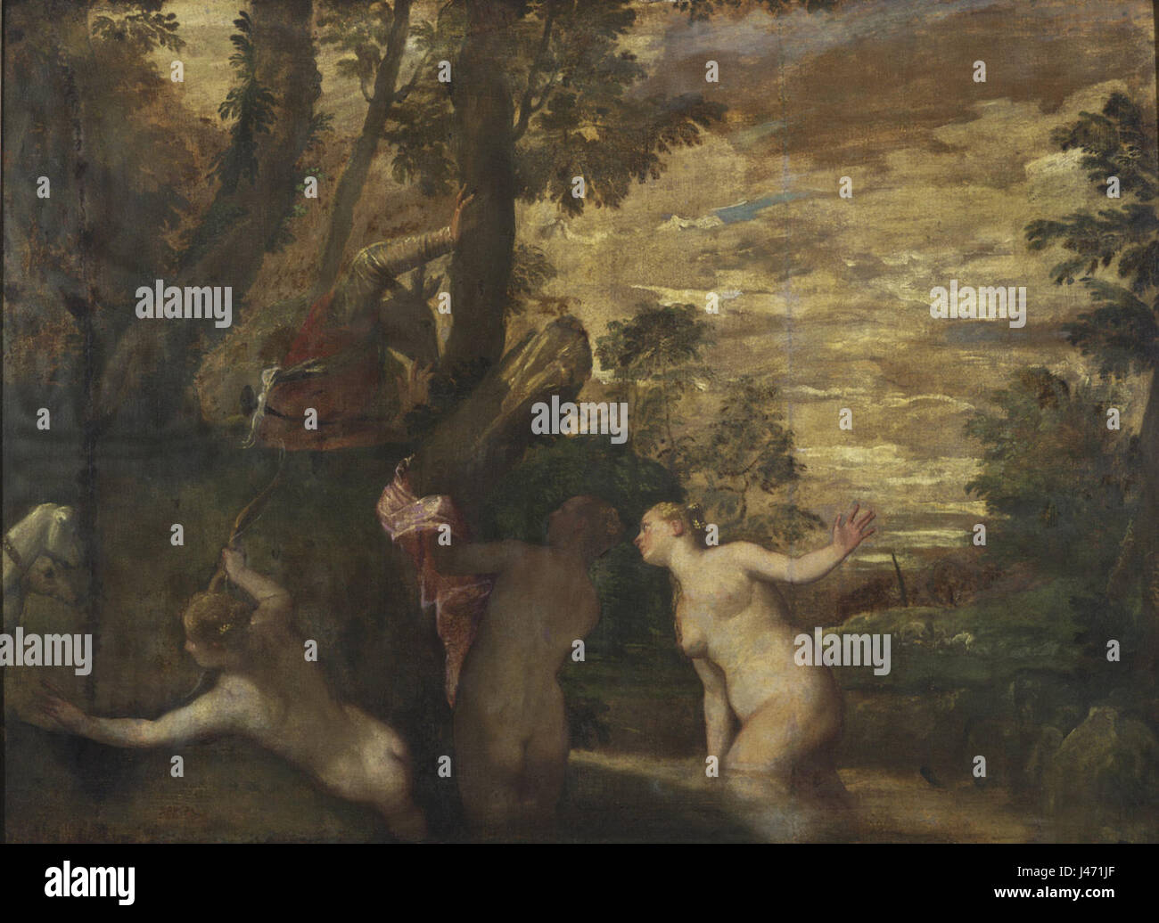 *Paolo Veronese* *Diana und Actaeon* ist ein berühmtes Renaissance-Gemälde, das die mythologische Geschichte des Jägers *Actaeon* darstellt, der die Göttin *Diana* während sie badet. Das Kunstwerk zeigt Veroneseâ Können in der Darstellung klassischer Themen und seine Verwendung lebendiger Farben. Stockfoto
