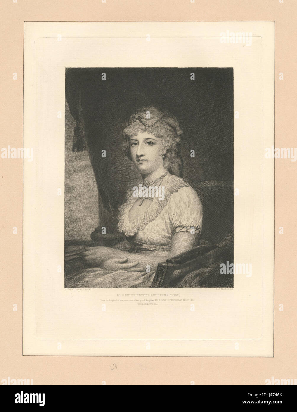 Dieses Porträt zeigt Mrs. Philip Nicklin, auch bekannt als Juliana Chew. Es ist Teil der NYPL-Kollektion, die ihr Bild aus der Mitte des 19. Jahrhunderts einfängt und einen Einblick in die Mode und Porträts der Zeit gewährt. Stockfoto