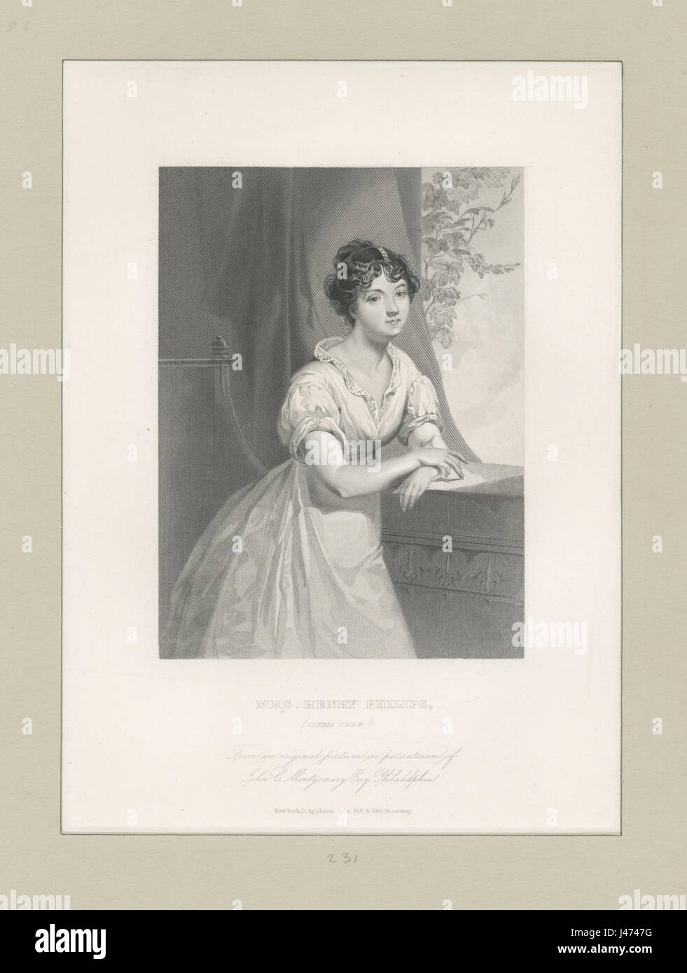 Dieses Foto oder Kunstwerk zeigt Mrs. Henry Philips, auch bekannt als Sophia Chew. Sie war ein einflussreiches Individuum, das möglicherweise an sozialen, kulturellen oder historischen Ereignissen beteiligt war. Das Bild ist in der Sammlung der New York Public Library erhalten. Stockfoto