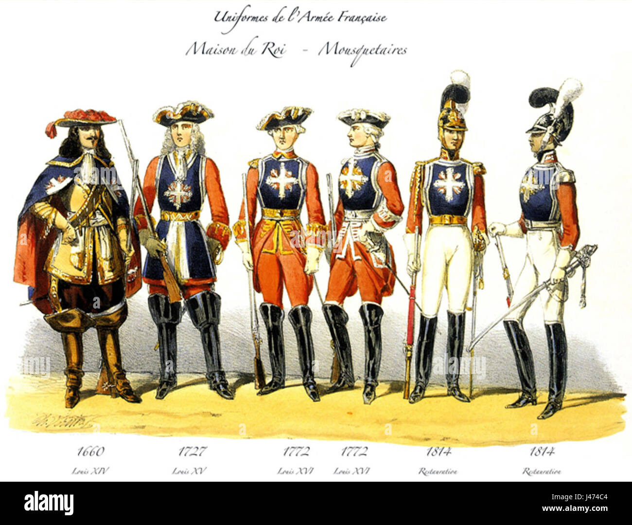 Die „Mousquetaires du roi“ bezieht sich auf die königlichen Eliten Frankreichs, die historisch bekannt sind für ihre Loyalität zur Monarchie und ihre Rolle beim Schutz des Königs im 17. Jahrhundert. Stockfoto