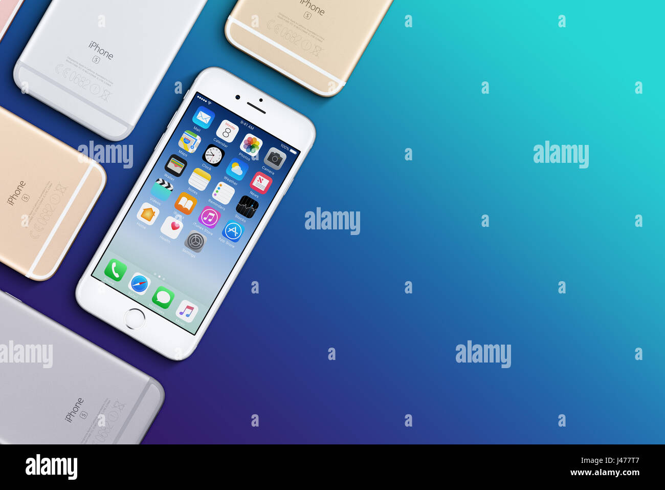 Reihe von bunten Apple iPhones 6 s flach legen Draufsicht liegt auf Oberfläche mit Textfreiraum Stockfoto