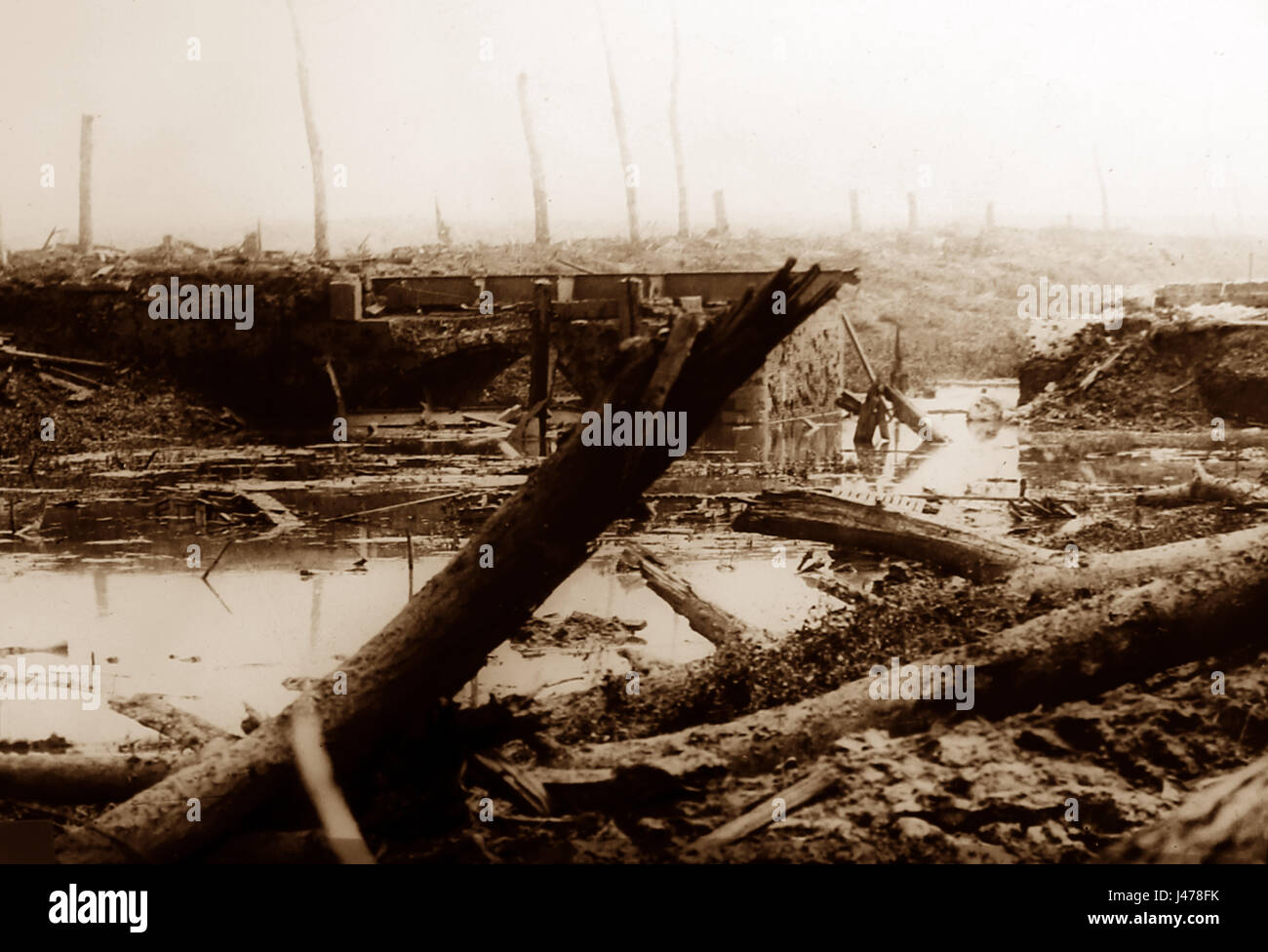 WW1 - Schlacht bei Ypern - Kanal bei Boezinge Vorführung zerstörte Brücke 6. August 1917 Stockfoto