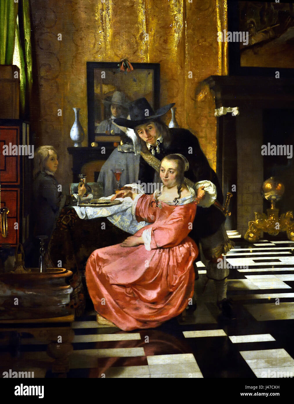Innenansicht mit einer Frau weigert ein Glas Wein 1650 Ludolf de Jongh 1616-1679 Niederländisch, den Niederlanden, Stockfoto