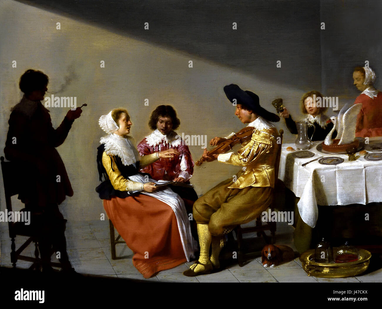 Eine musikalische Party 1631 von Jacob van Velsen 1597-1656, Niederländisch, Holland, die Darstellung von elegant gekleidet Menschen singen und Musizieren oft bezieht sich auf Balz und die Harmonie der Liebe. Die Freuden der Musik setzen sich gegen diejenigen Lebensmittel, Wein und Tabak. Stockfoto