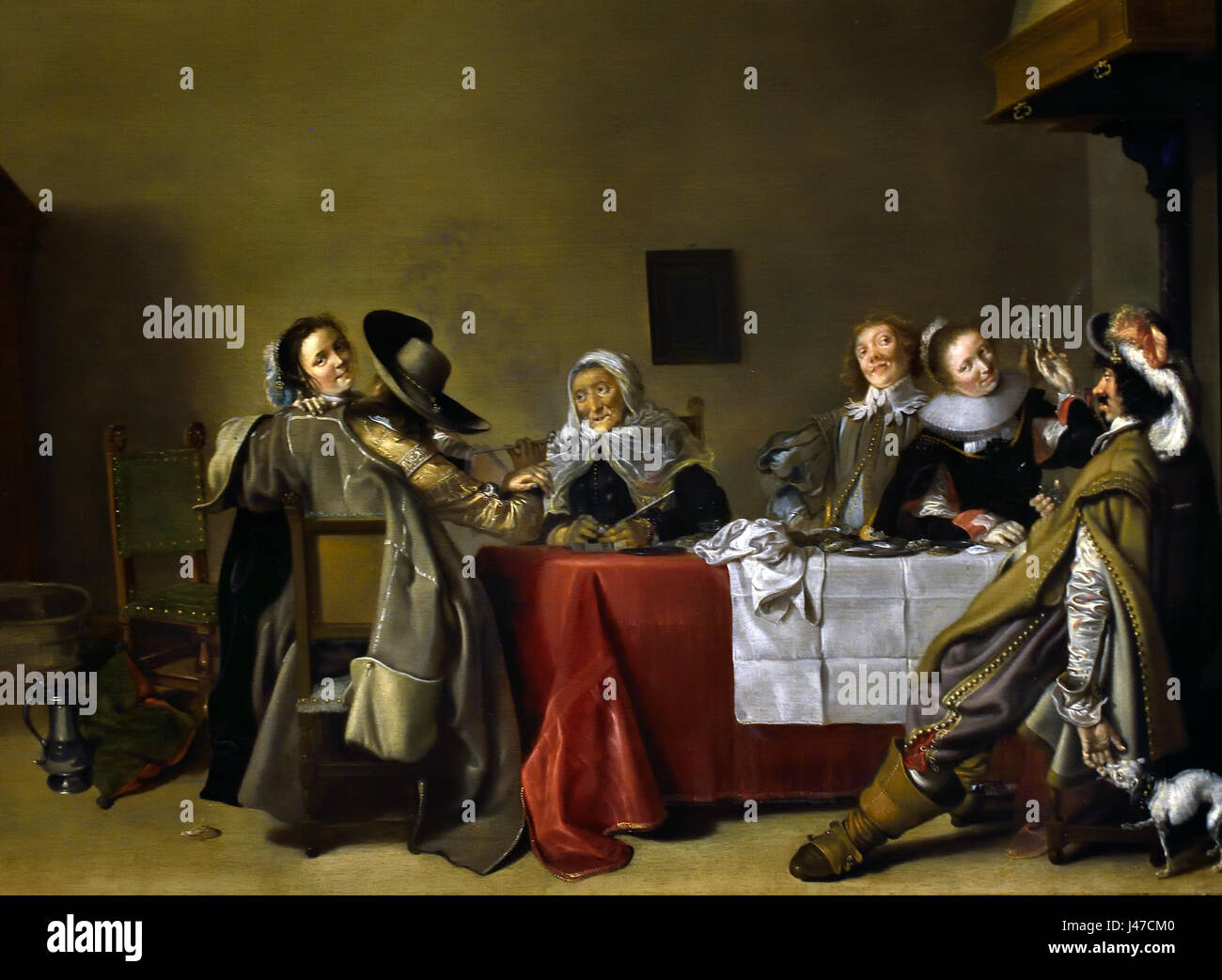 Eine fröhliche Gesellschaft am Tisch 1630 Hendrick Pot 1585-1657 Niederländisch Niederlande. (Bordell-Szene oder "Bordeeltje" war ein beliebtes Thema in der niederländischen Genremalerei. Hier eine ältere Frau überwacht die Verfahren und Wein und Austern werden angeboten – beide sind bekannt für ihre aphrodisierenden Eigenschaften. Ihr Alter und ihre Hässlichkeit kontrastiert mit der Jugend und Schönheit der jungen Frauen. ) Stockfoto Eine fröhliche Gesellschaft am Tisch 1630 Hendrick Pot 1585-1657 Niederländisch Niederlande. (Bordell-Szene oder "Bordeeltje" war ein beliebtes Thema in der niederländischen Genremalerei. Hier eine ältere Frau überwacht die Verfahren und Wein und Austern werden angeboten – beide sind bekannt für ihre aphrodisierenden Eigenschaften. Ihr Alter und ihre Hässlichkeit kontrastiert mit der Jugend und Schönheit der jungen Frauen. ) Stockfoto