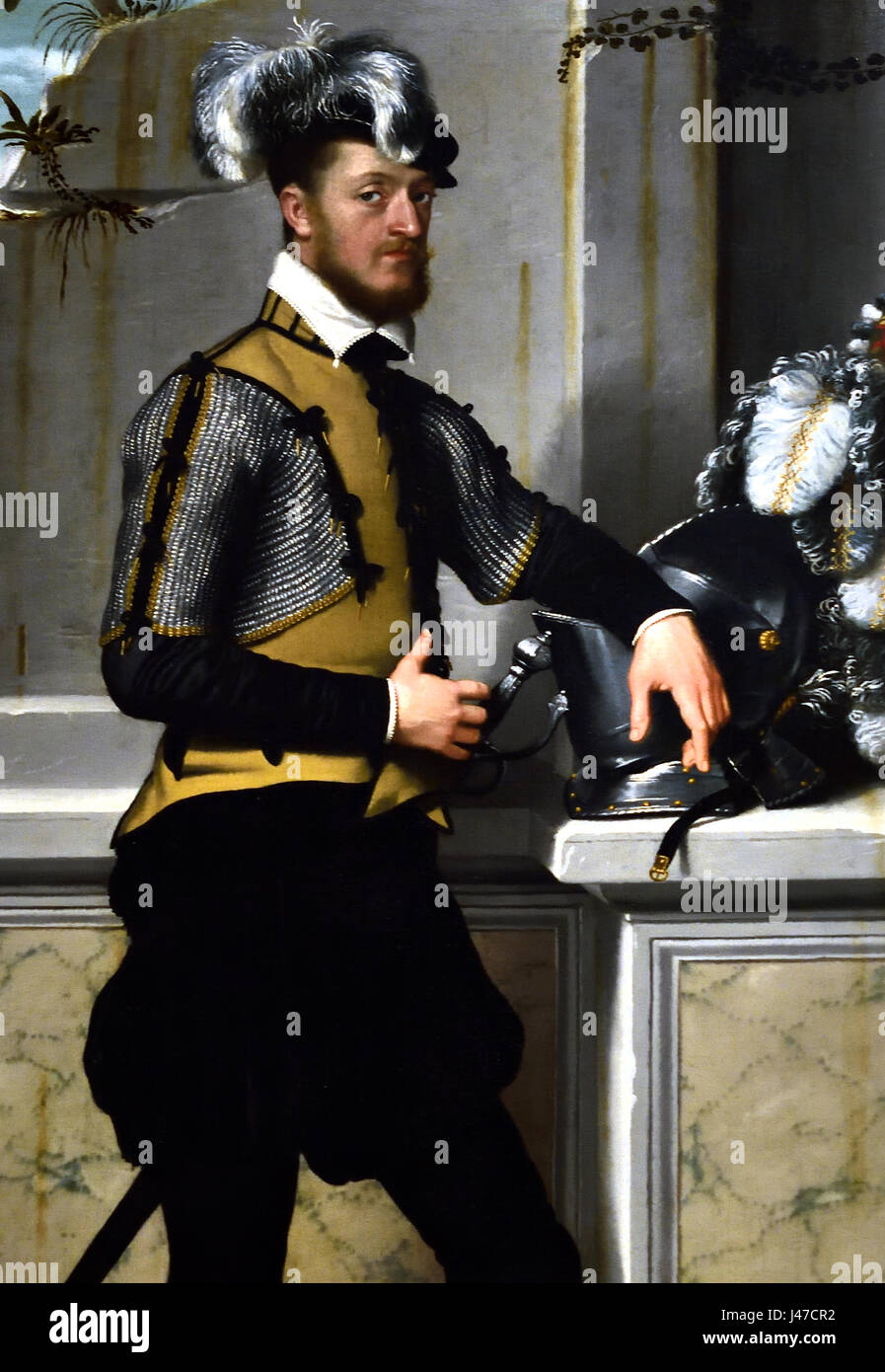 Ritter mit seinem Ritter Helm ("Il Cavaliere dal Piede Ferito - Conte Faustino Avogadro Giovanni Battista) 1554-8 Giovanni Battista Moroni 1520/4 - 1579 Italien Italienisch Stockfoto