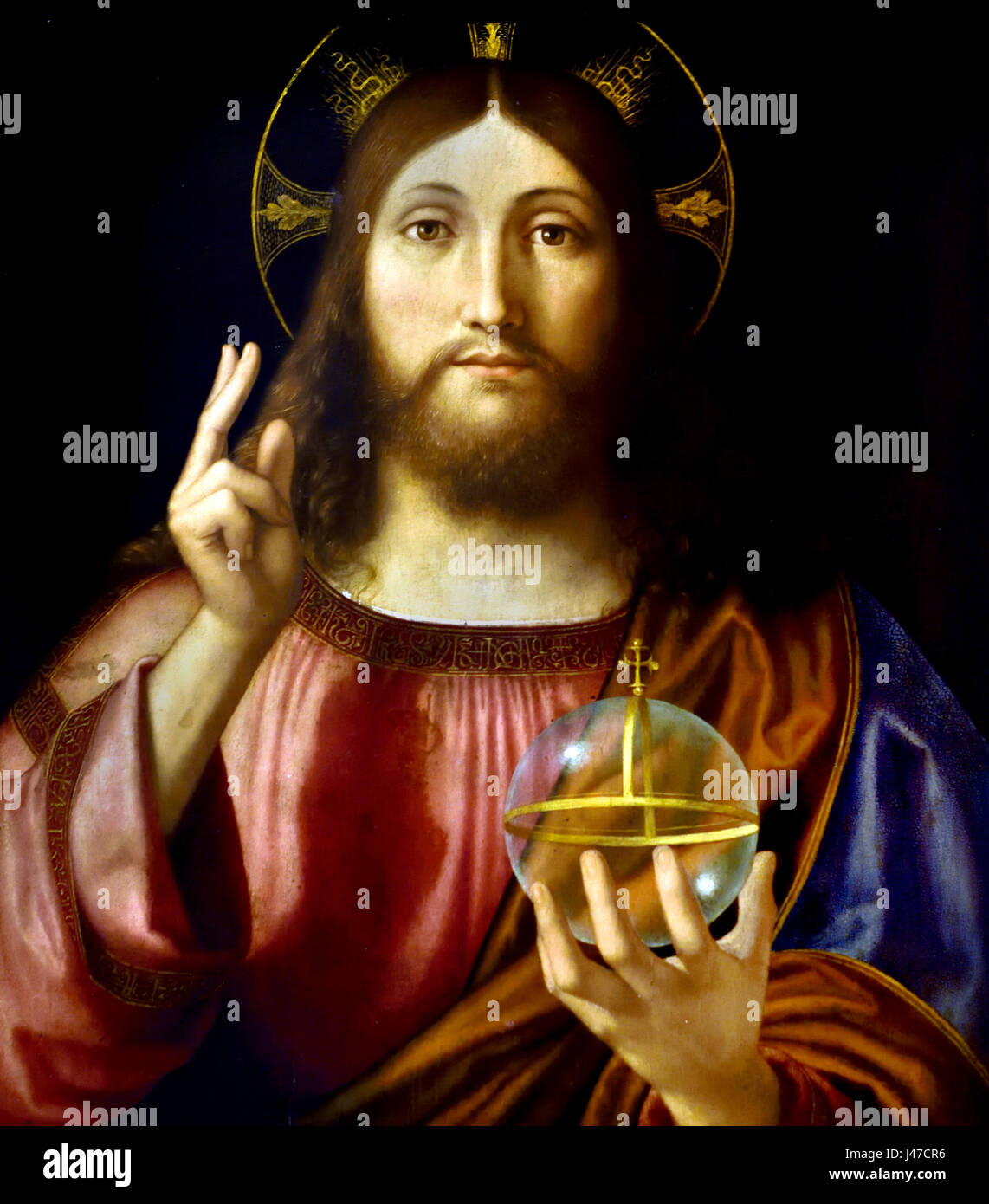 Salvator Mundi 1519 von Andrea Previtali 1480-1528 Italien Italienisch (das Bild der "Salvator Mundi" (Retter der Welt) war beliebt in Venedig und hier Christus wird angezeigt mit einem Kristall-Kugel als Symbol der königlichen Herrschaft.  ) Stockfoto