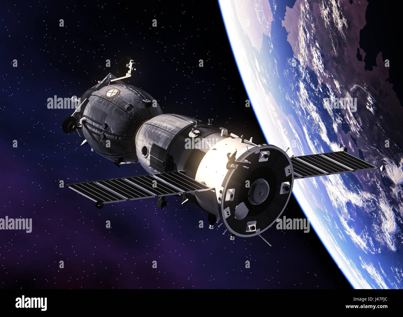 Russischen Raumschiff im Orbit Earth Stockfoto