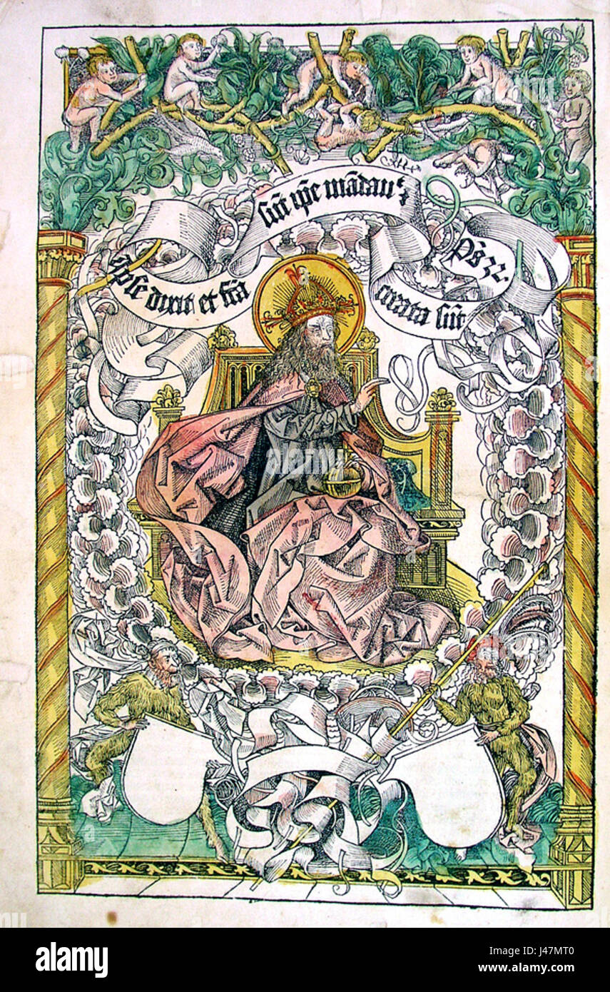 Die „Nürnberger Chronik“ zeigt die biblische Geschichte Gottes, die die Welt erschaffen hat, eine ikonische Szene in der weltberühmten illustrierten Handschrift aus dem 15. Jahrhundert. Dieses Werk ist bekannt für seine detaillierten Holzschnitte, die eine visuelle Darstellung der biblischen Schöpfung bieten, wie im Buch Genesis beschrieben. Stockfoto