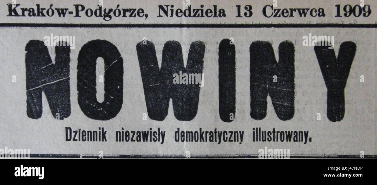 Nowiny, eine polnische Zeitung aus dem Jahr 1909, gibt Einblicke in die politische, soziale und kulturelle Landschaft Polens während dieser Zeit. Er behandelt wichtige Ereignisse, Nachrichten und Entwicklungen der Zeit. Stockfoto