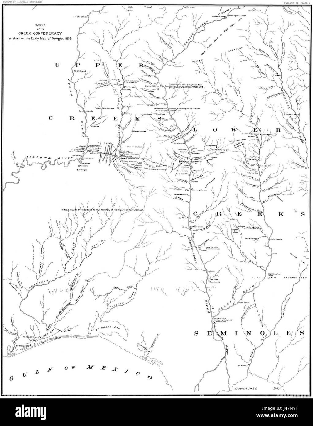 Eine historische Karte oder Abbildung, die 1818 indianische Städte in Alabama illustriert. Das Bild zeigt die geographischen Standorte indigener Siedlungen und gibt Einblicke in die indianischen Gemeinden des frühen 19. Jahrhunderts in der Region. Stockfoto