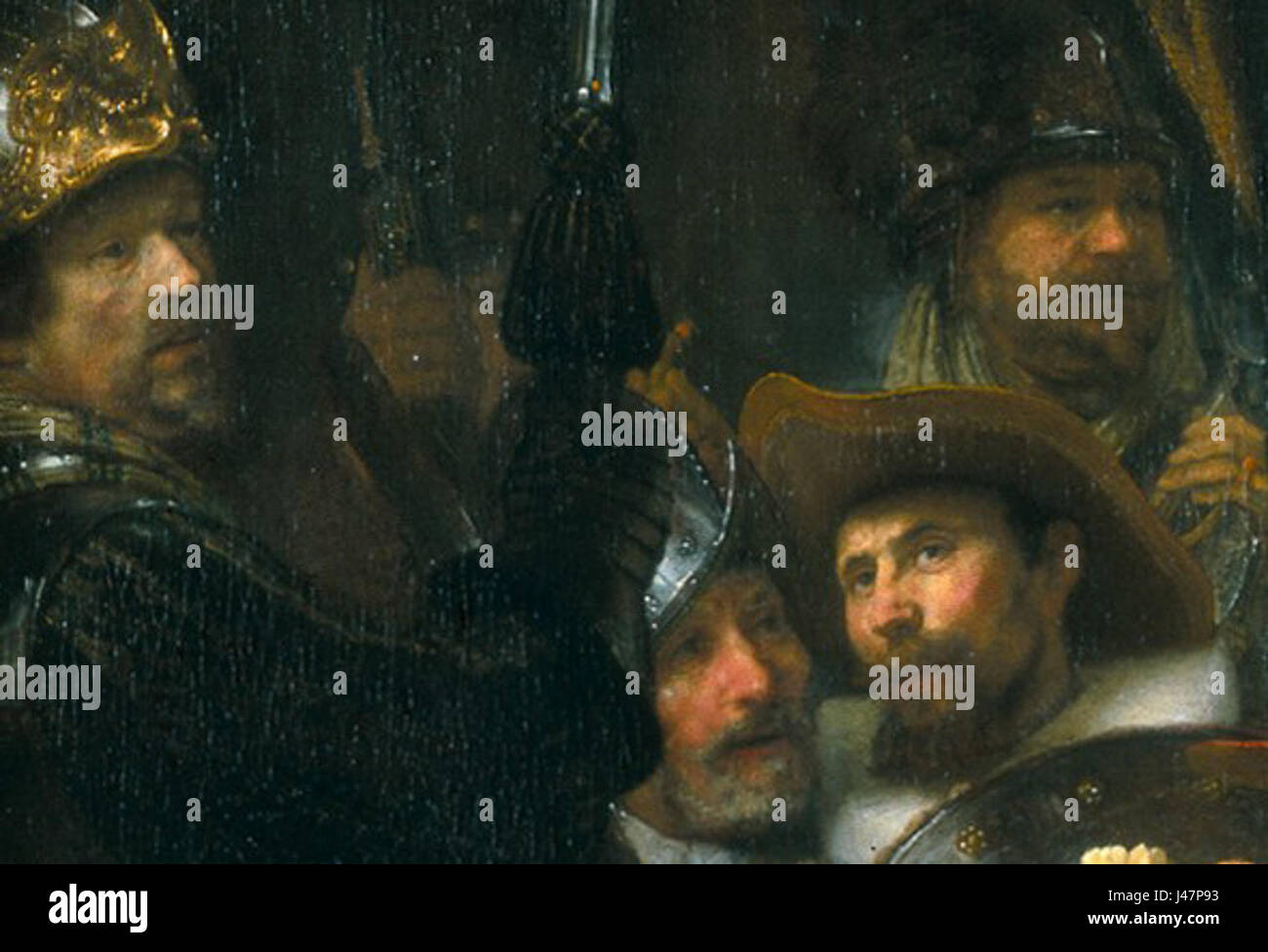 Dieses Kunstwerk mit dem Titel *Nachtwacht vier koppen* bezieht sich wahrscheinlich auf die kultige *Nachtwache* von Rembrandt, die sich auf vier Köpfe oder Figuren innerhalb der Szene konzentriert. Stockfoto