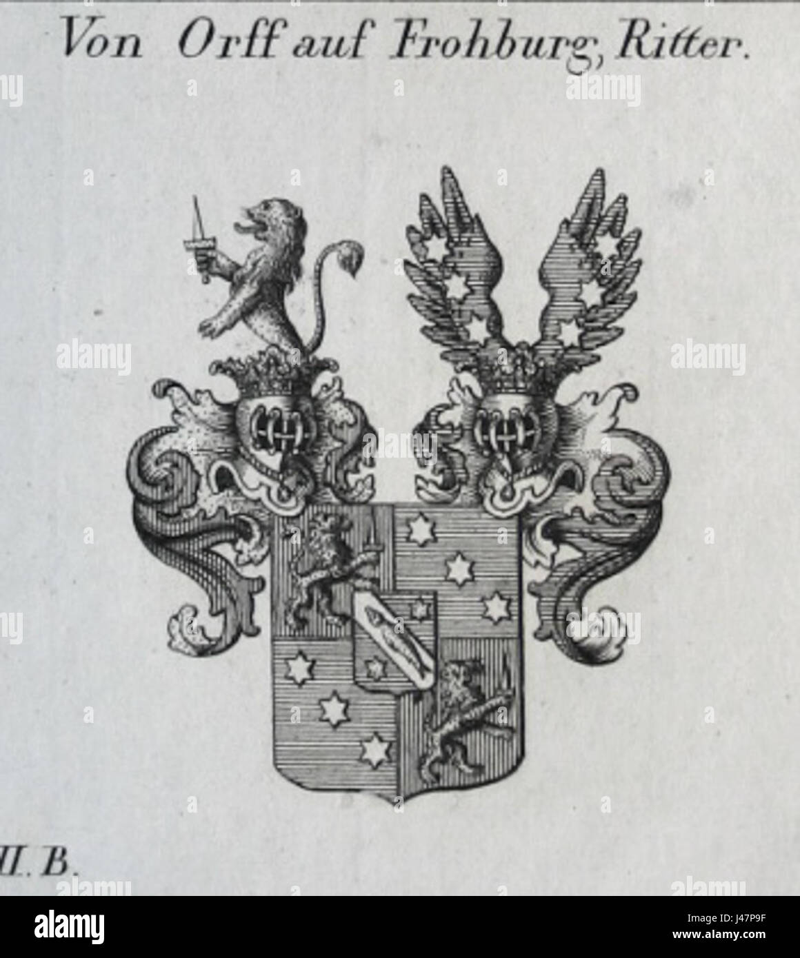 „Orff auf Frohburg Wappen 1a“ bezieht sich auf ein Wappen der Familie Frohburg, das mit unverwechselbaren Mustern zur Familientidentität und Anerkennung im mittelalterlichen und frühmodernen Europa verbunden ist. Stockfoto