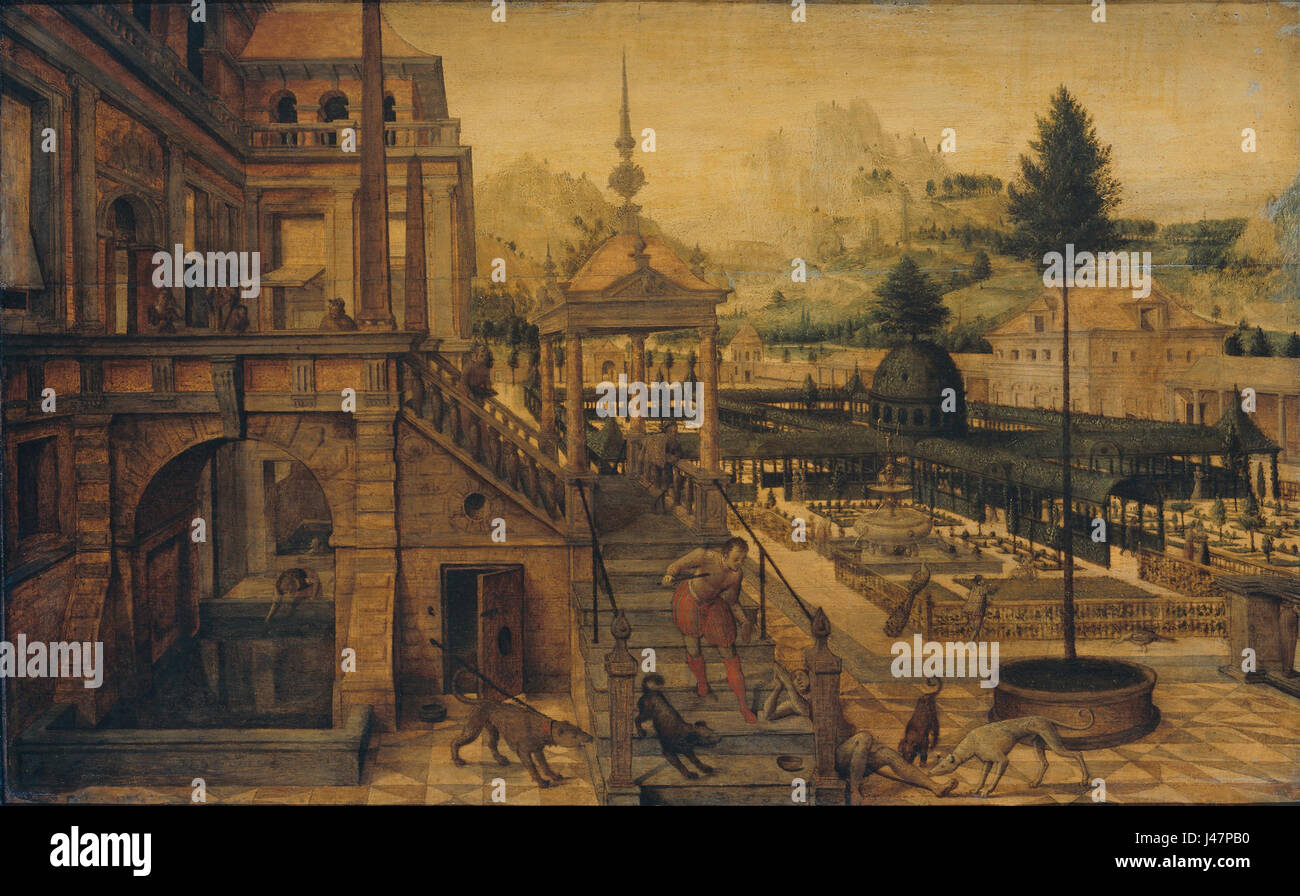 Dieses Gemälde zeigt einen Park vor einem Palast mit der Figur des armen Lazarus im Vordergrund. Es ist im Rijksmuseum untergebracht und zeigt ein kompliziertes Design, das den Kontrast zwischen Reichtum und Armut widerspiegelt, ein gemeinsames Thema in der historischen Kunst. Stockfoto