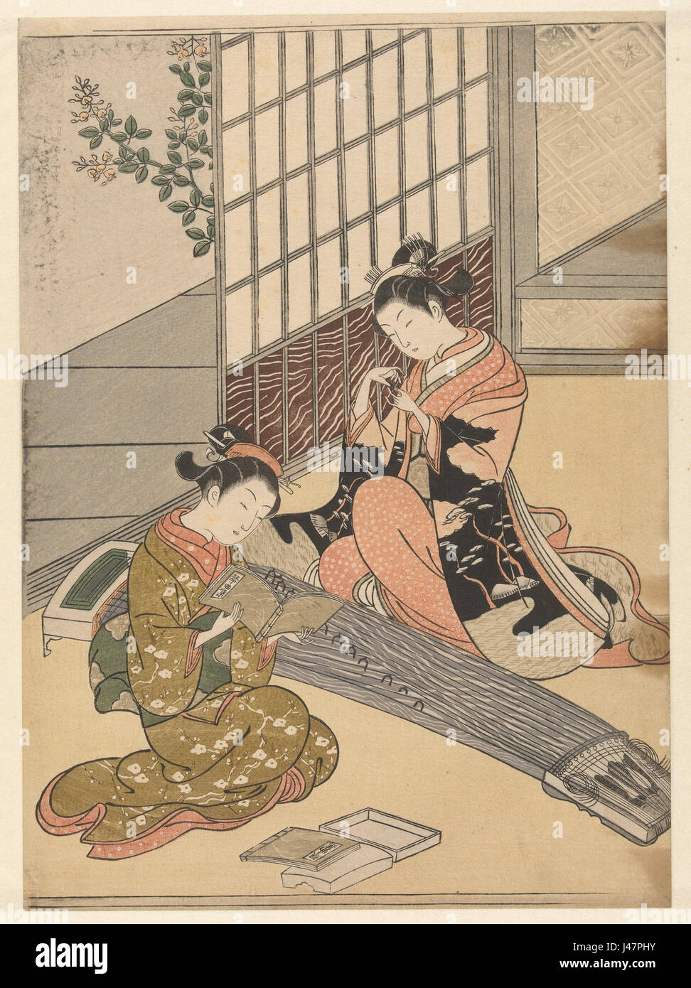 Dieses Kunstwerk, „Neerstrijkende ganz bij de Koto bruggen“, zeigt Gänse, die in der Nähe der Koto-Brücken absteigen, und zeigt natürliche Tiere und Landschaftselemente. Sie befindet sich im Rijksmuseum. Stockfoto