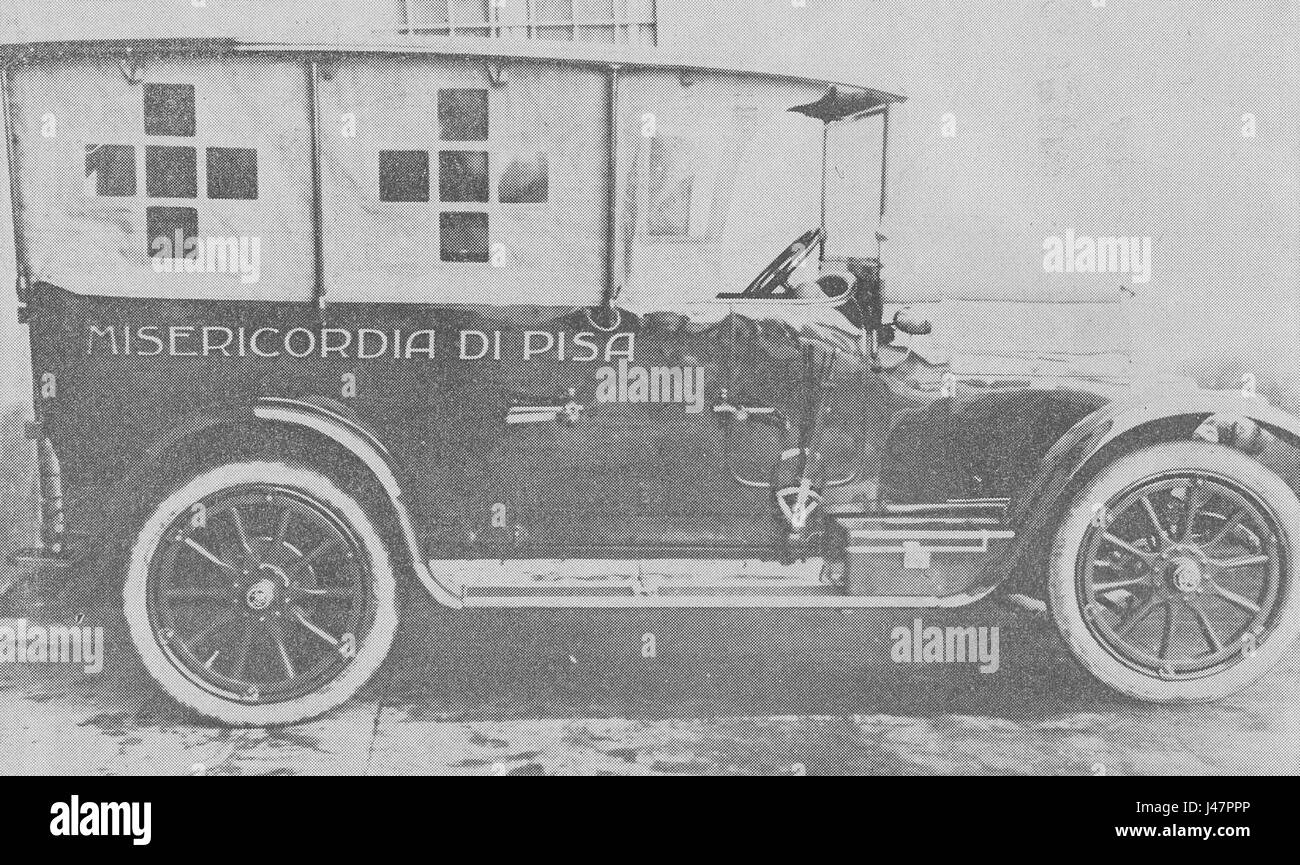 Der Titel „MisericPisa AmbulanzaAnni1910“ bezieht sich wahrscheinlich auf einen Rettungsdienst in Pisa, Italien, aus dem frühen 20. Jahrhundert. Dies könnte sich auf die Entwicklung medizinischer Notdienste während dieser Zeit konzentrieren. Stockfoto