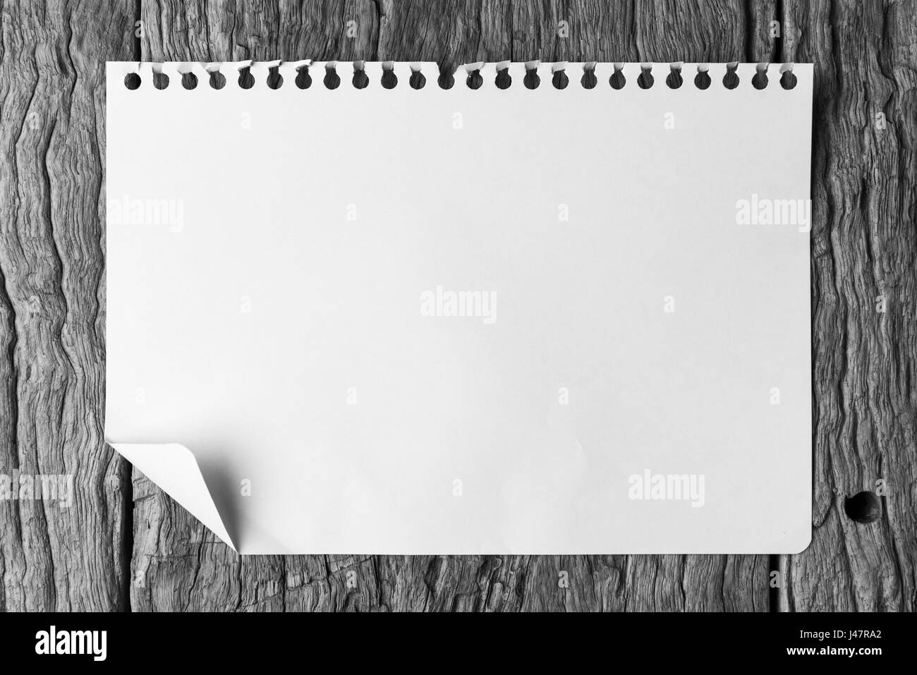 Hinweis Buch über Grunge Holz. altes Papier auf Holz Hintergrund. Zerknittertes Papier auf Holz Wand. Hinweis Buch Papier Textur Mock-up auf Holztisch Kulisse. Stockfoto