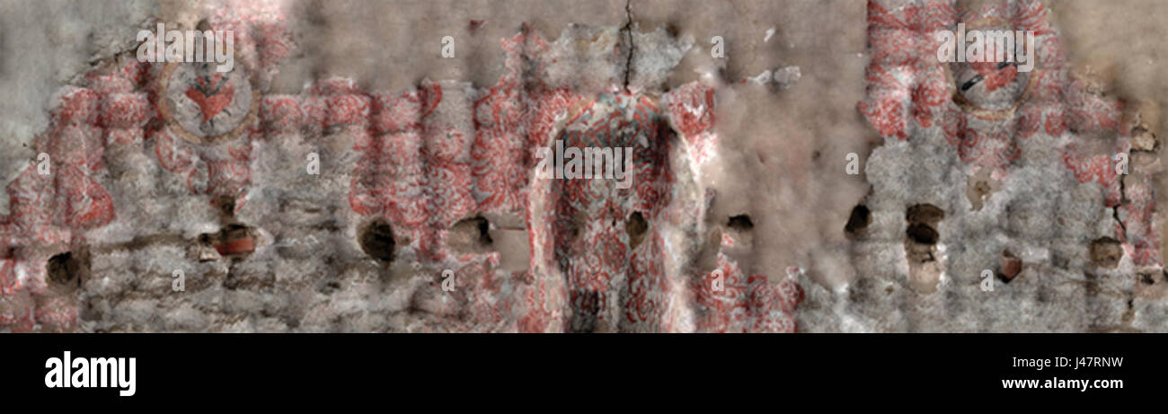 Das Mission Dolores Mural in San Francisco ist ein bedeutendes historisches und kulturelles Kunstwerk, das die Geschichte und das kulturelle Erbe der Region darstellt und die frühe Geschichte Kaliforniens und seiner indigenen Bevölkerung zeigt. Stockfoto