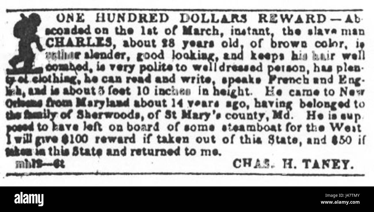 Eine historische Anzeige der New Orleans Bee vom 3. Dezember 1851, die eine Belohnung für die Gefangennahme eines entflohenen Sklaven bietet. Dieses Dokument spiegelt die düsteren Realitäten der Sklaverei und das Rechtssystem im Süden der Vorkriegszeit wider. Stockfoto